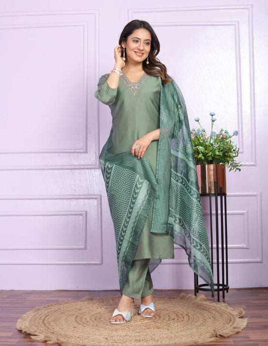 Silk V-Neck Green Straight Kurti with Pant