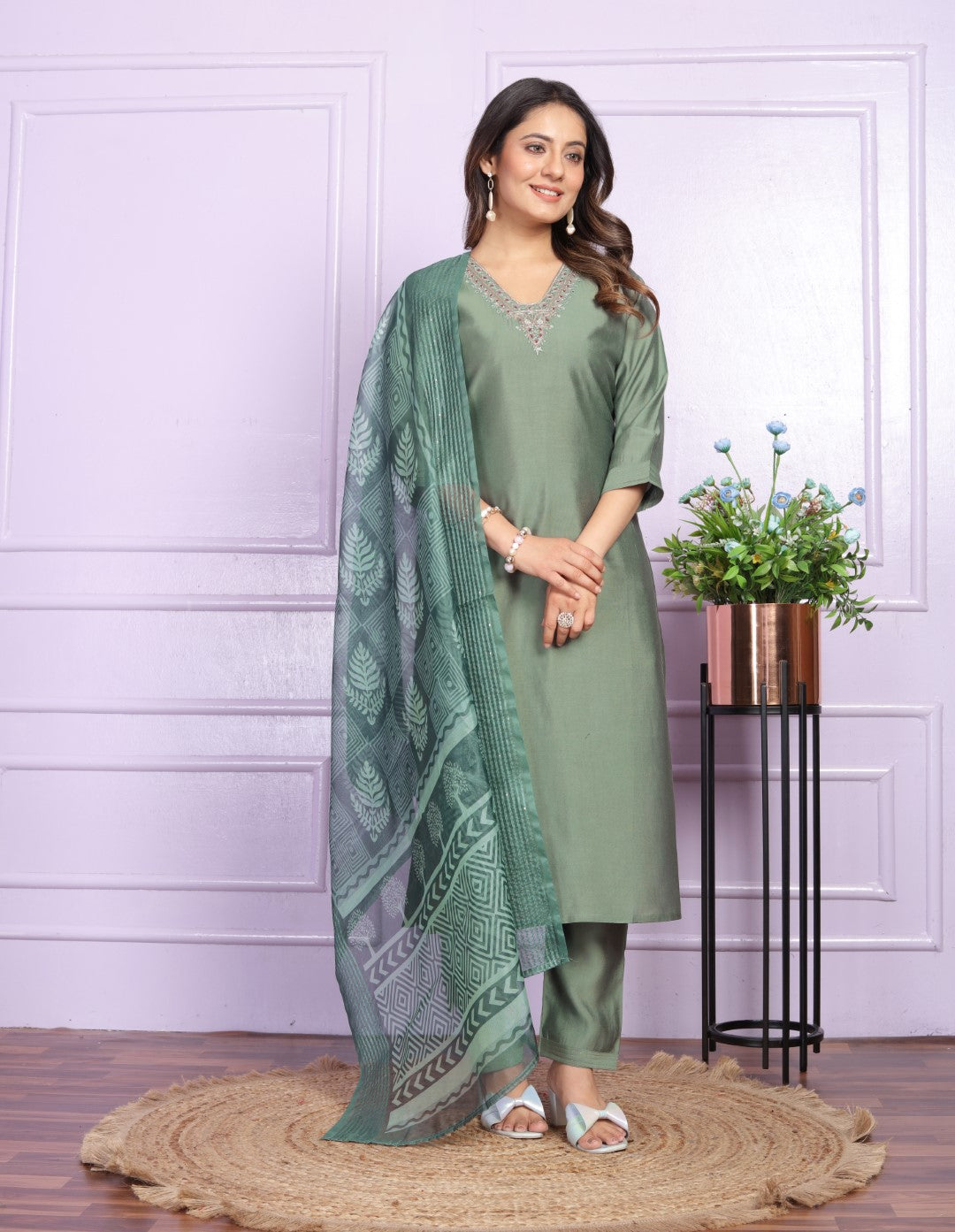 Silk V-Neck Green Straight Kurti with Pant