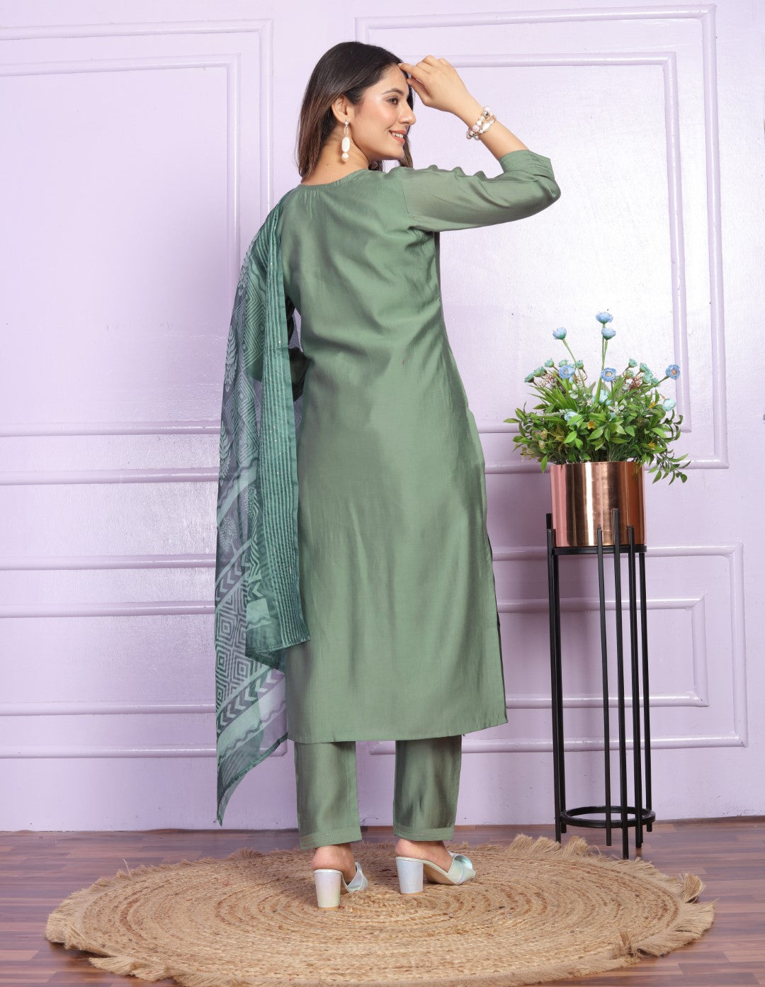 Silk V-Neck Green Straight Kurti with Pant