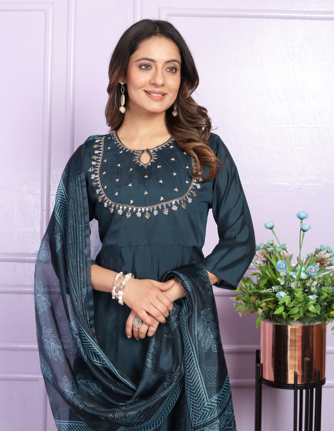Silk Hand Work Navy Blue Kurti With Pant