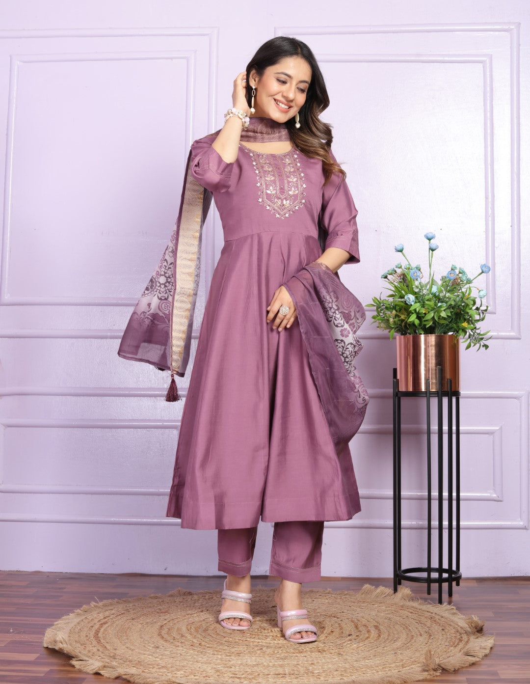 Silk Purple Round Kurti With Canvas Patta in Flair