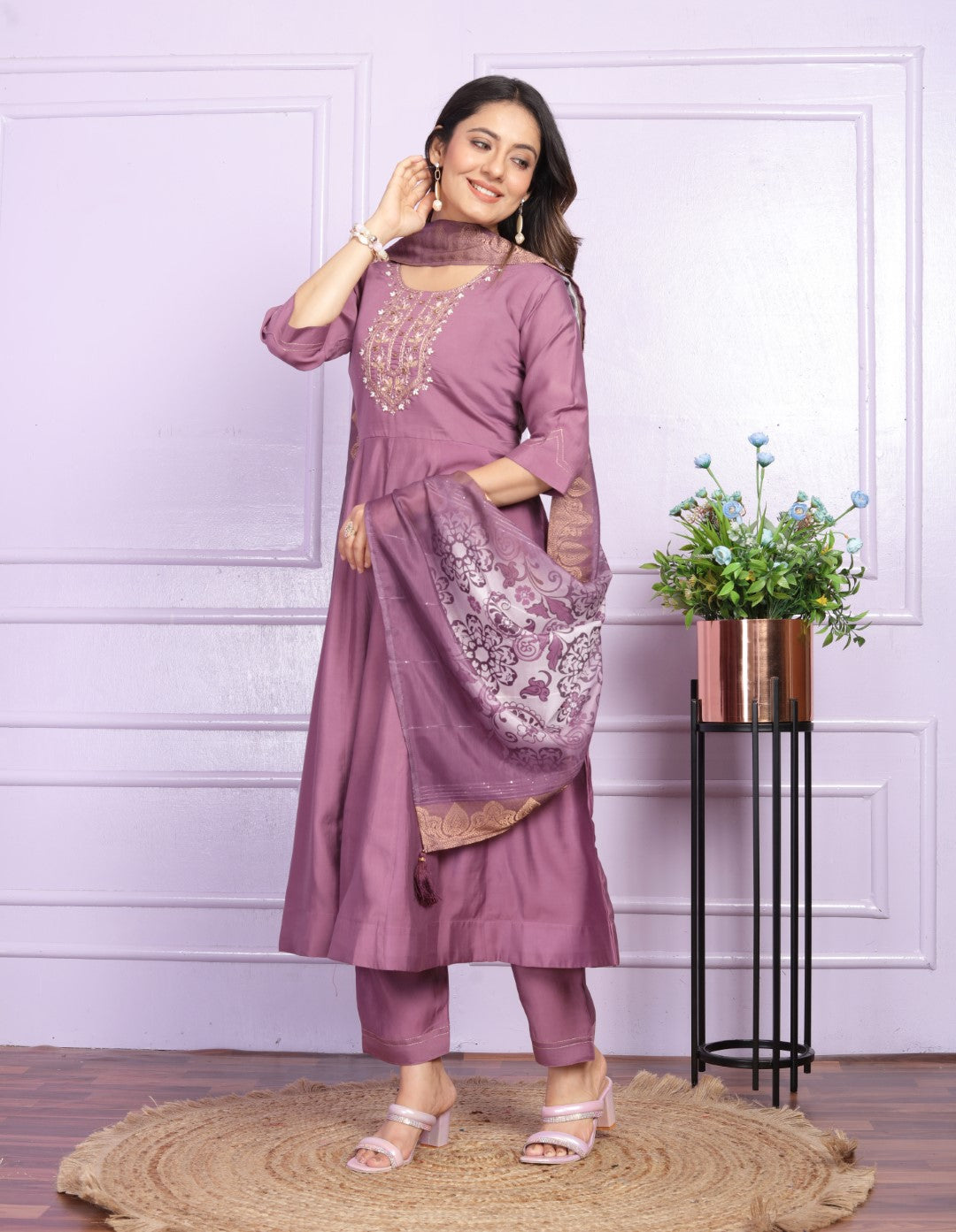 Silk Purple Round Kurti With Canvas Patta in Flair