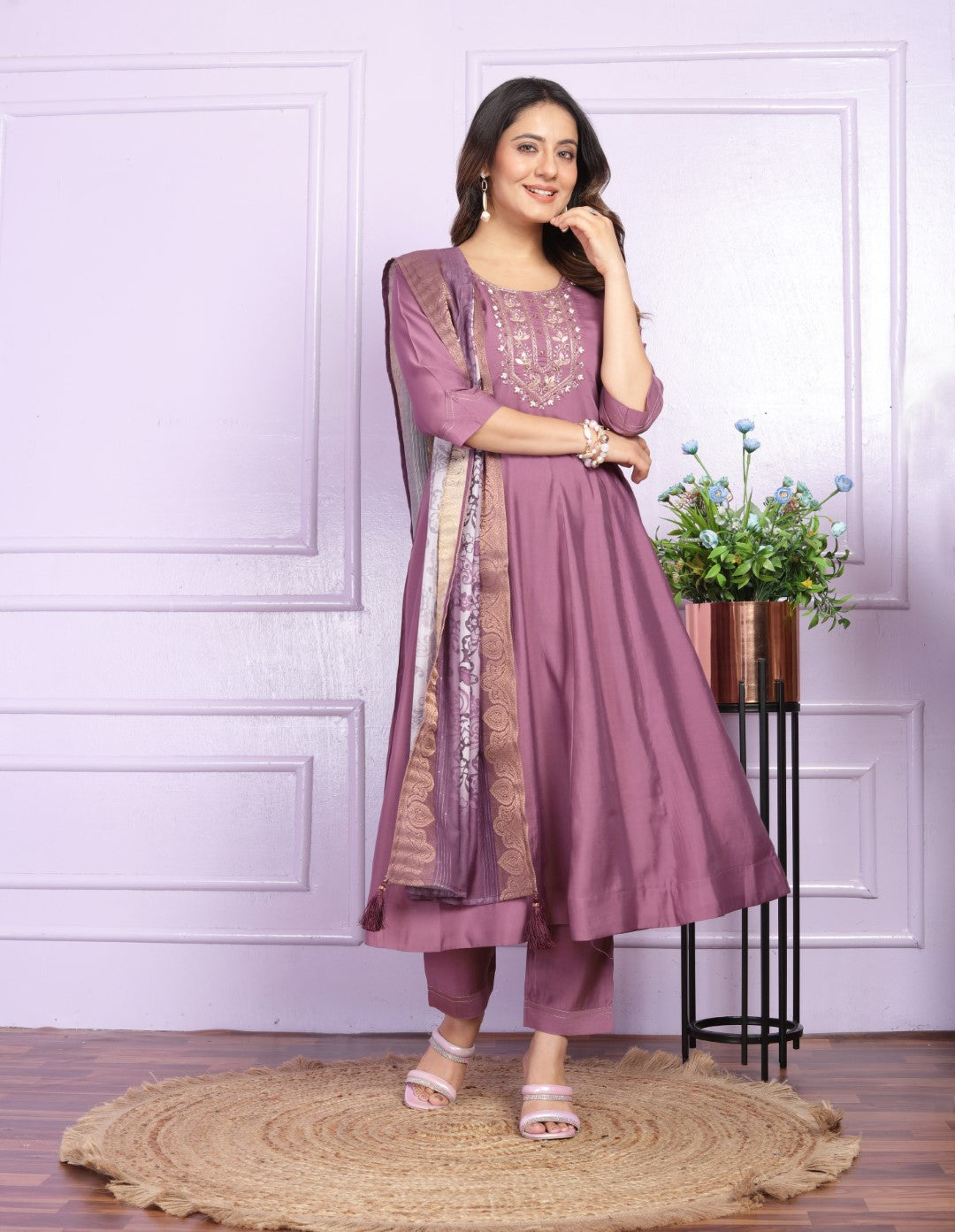 Silk Purple Round Kurti With Canvas Patta in Flair