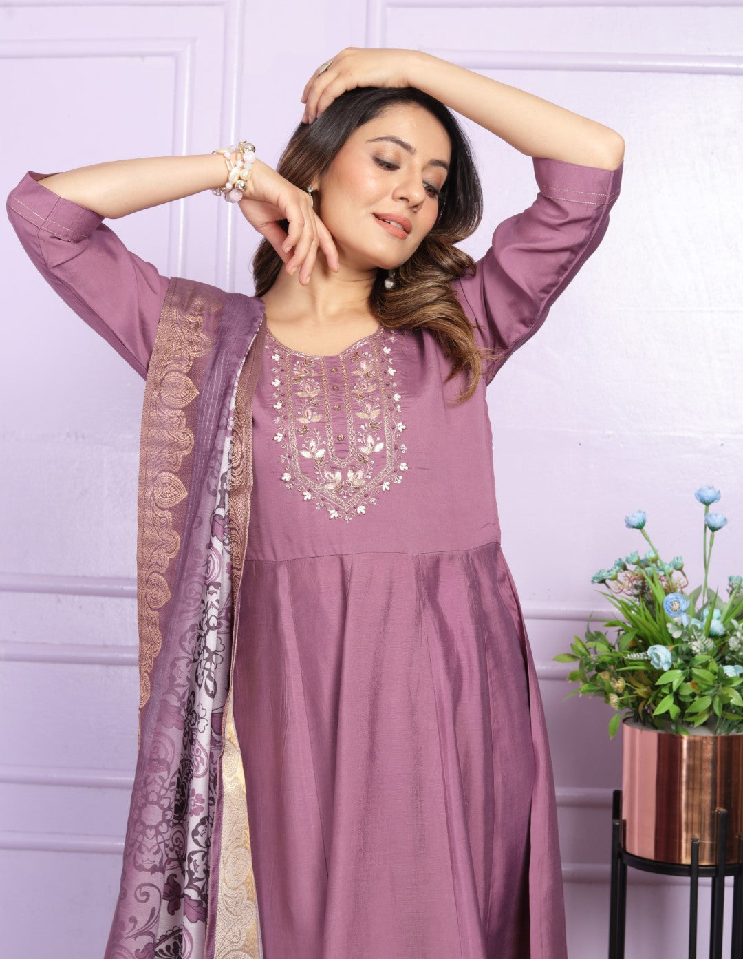 Silk Purple Round Kurti With Canvas Patta in Flair