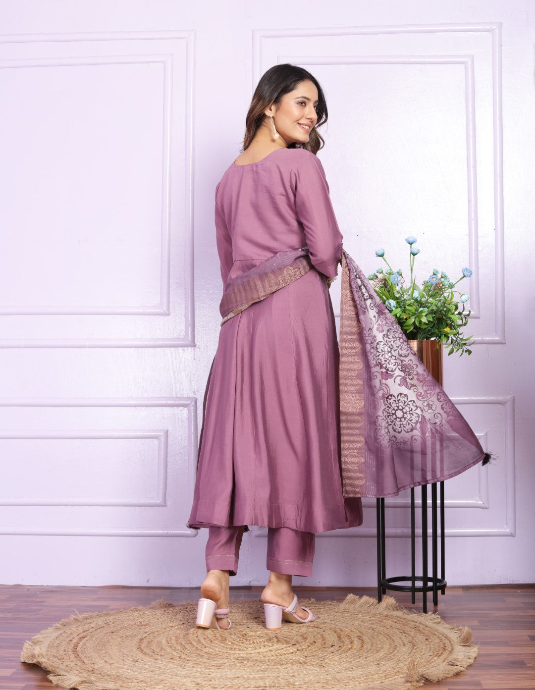 Silk Purple Round Kurti With Canvas Patta in Flair