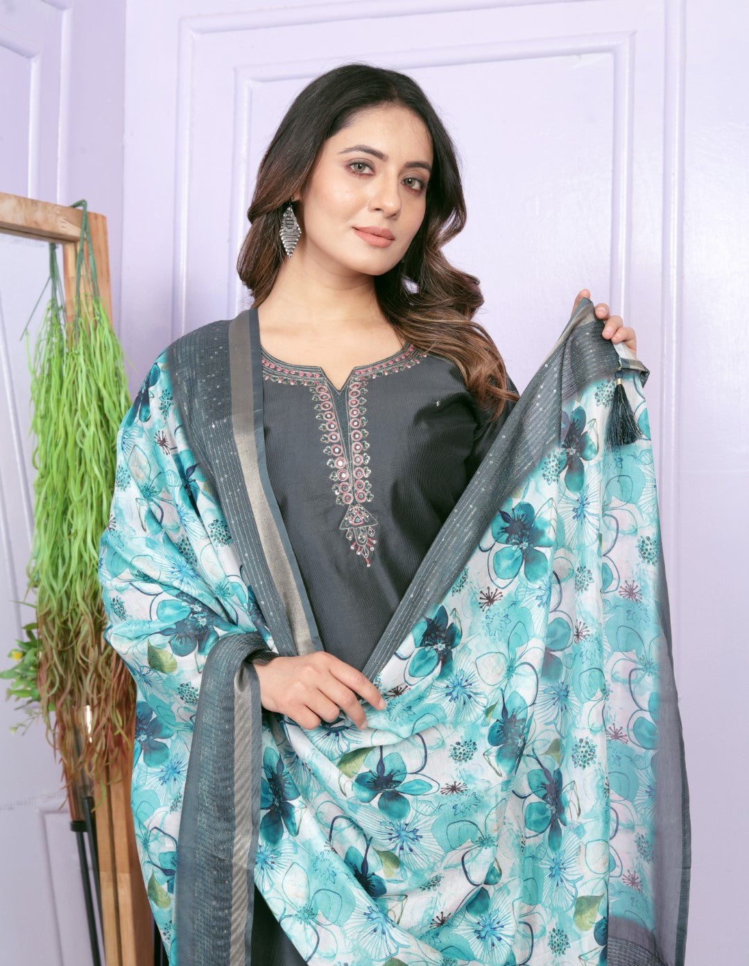Silk Solid Grey Round Notch Neck