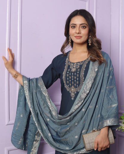 Silk Blue Round Neck Straight Kurti With Pant