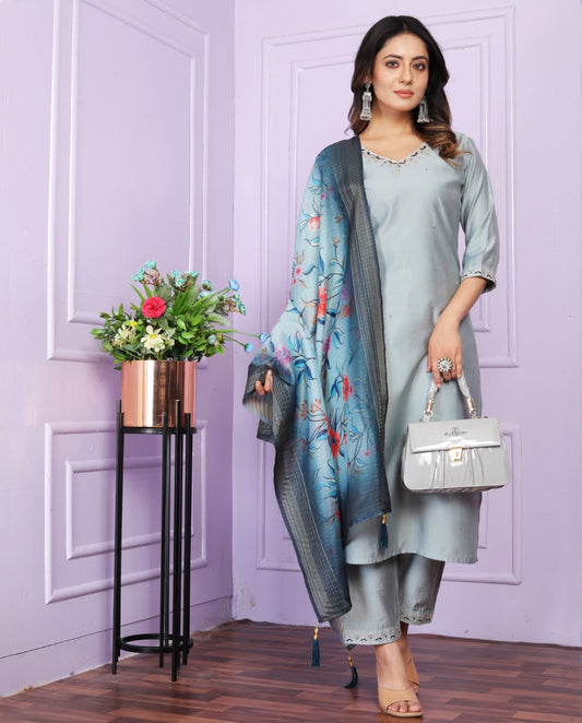 Silk V-Neck Hand work Sky Blue Straight Kurti With pant