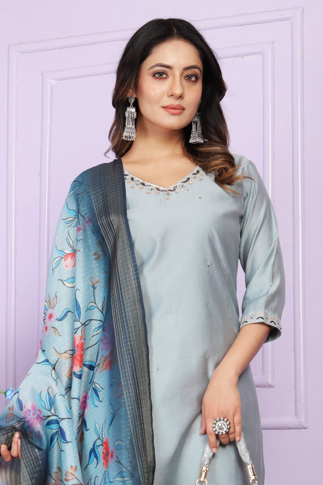 Silk V-Neck Hand work Sky Blue Straight Kurti With pant