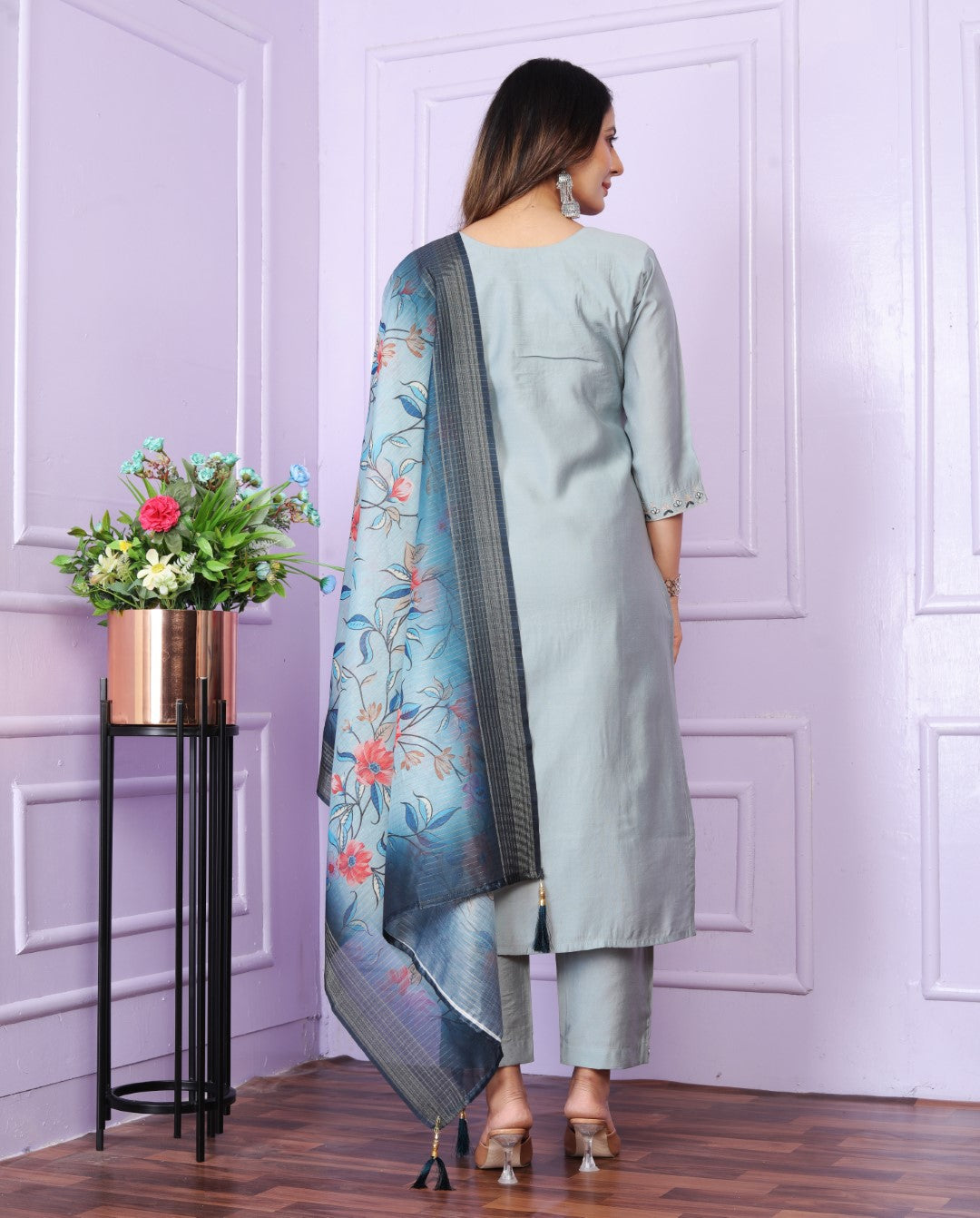 Silk V-Neck Hand work Sky Blue Straight Kurti With pant