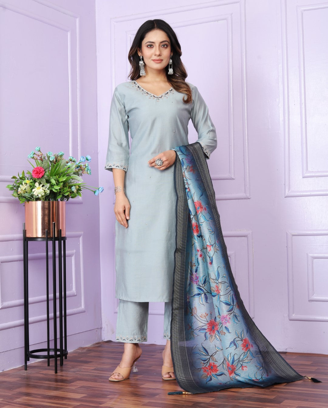 Silk V-Neck Hand work Sky Blue Straight Kurti With pant
