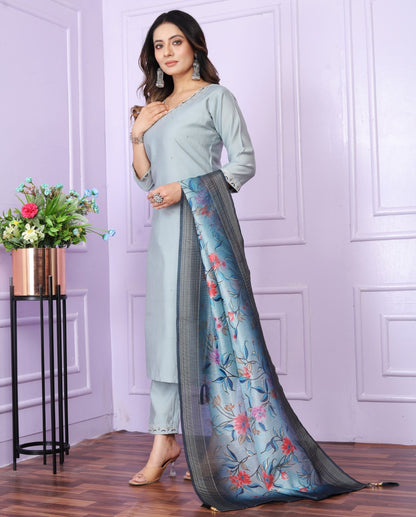 Silk V-Neck Hand work Sky Blue Straight Kurti With pant