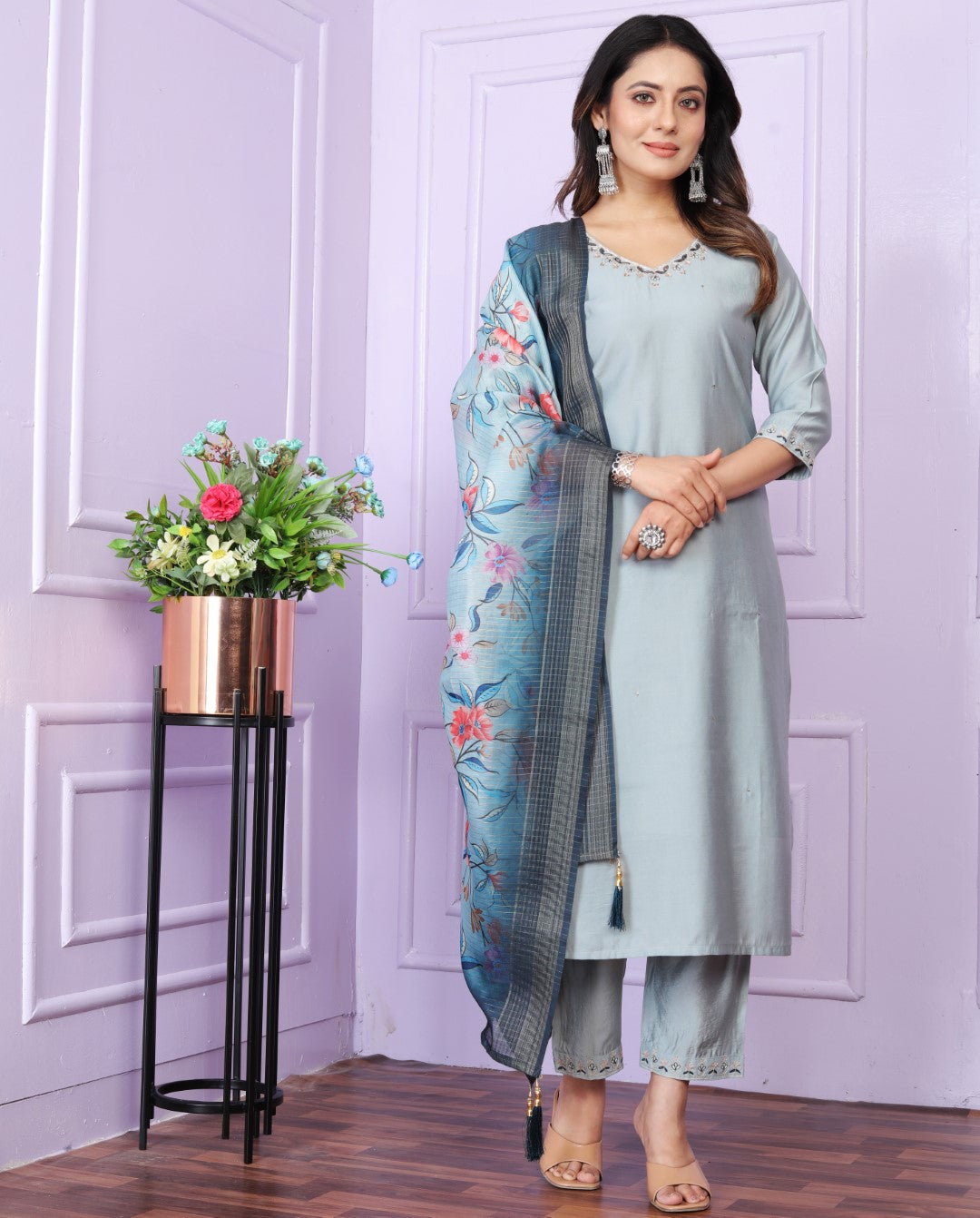 Silk V-Neck Hand work Sky Blue Straight Kurti With pant