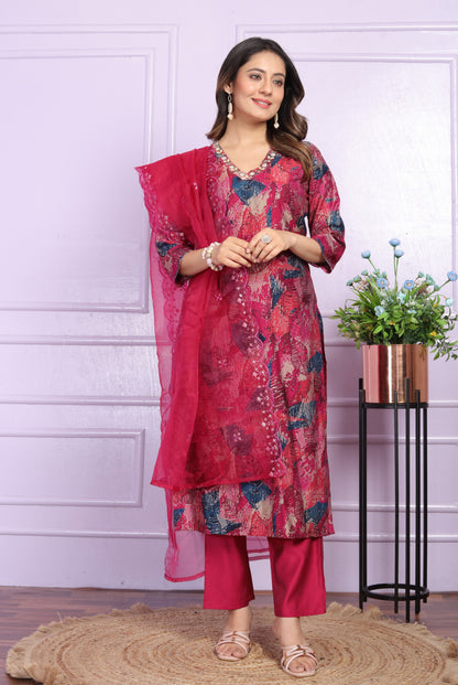 Rani Printed Straight Silk Hand Work Suit Set