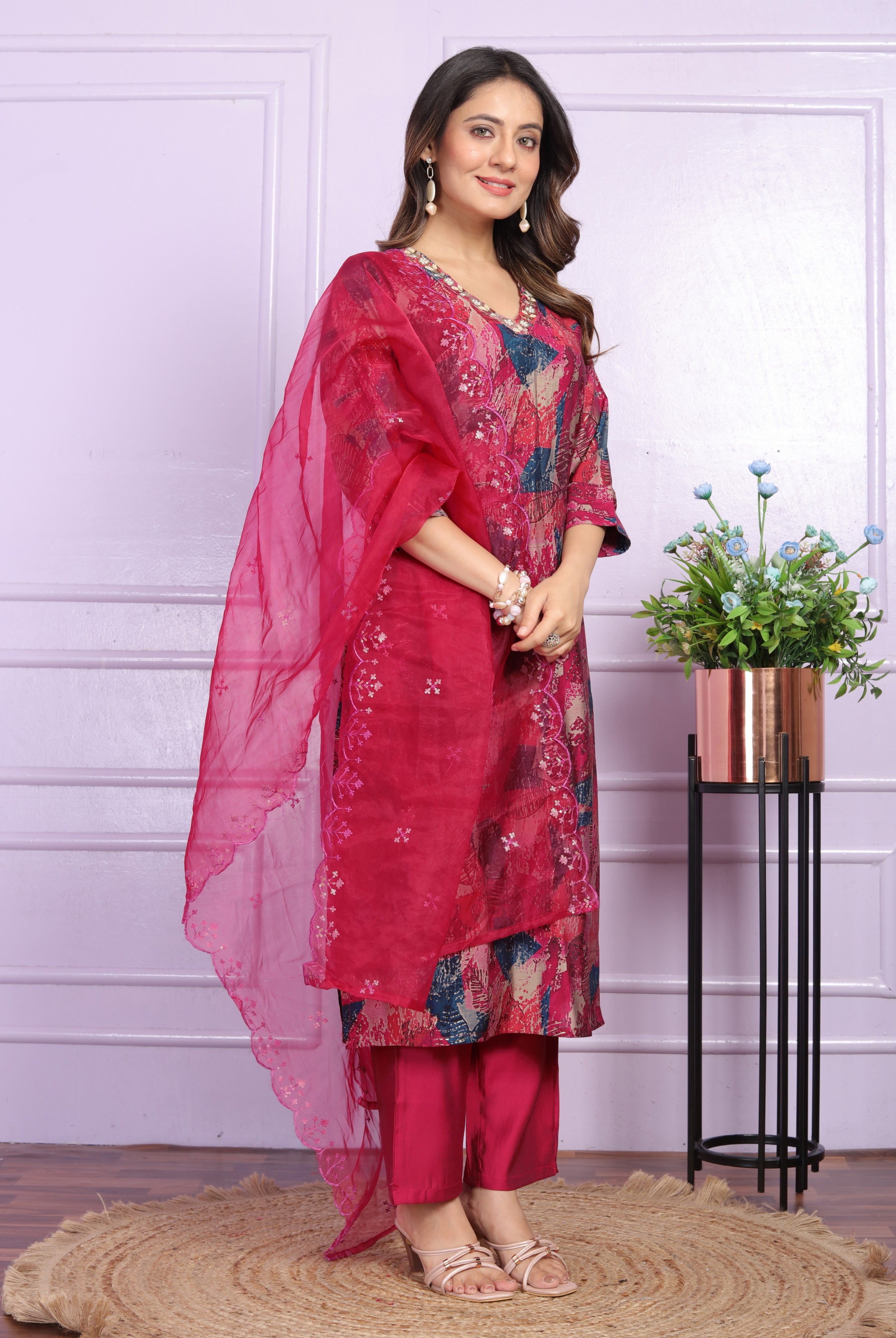 Rani Printed Straight Silk Hand Work Suit Set