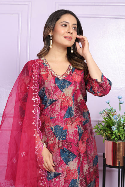 Rani Printed Straight Silk Hand Work Suit Set