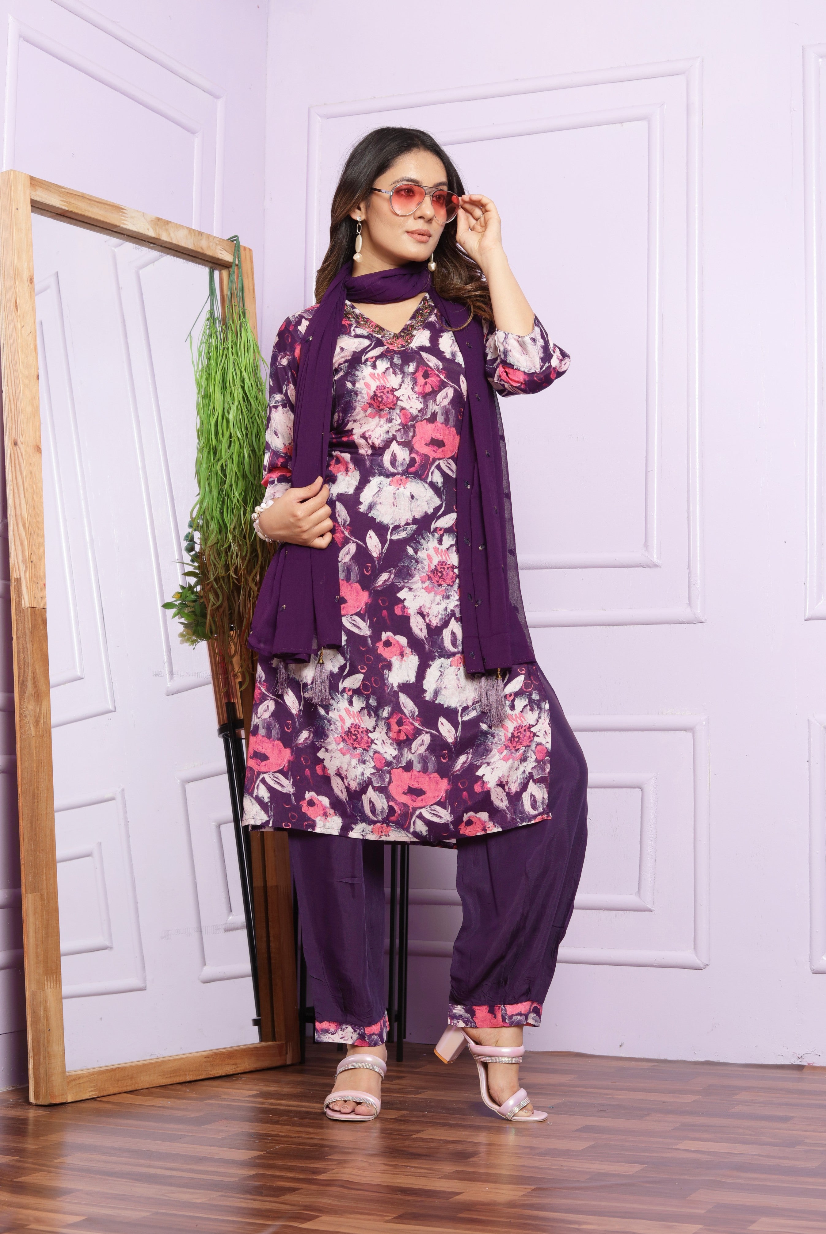 Violet Printed Muslin Hand Work Suit set