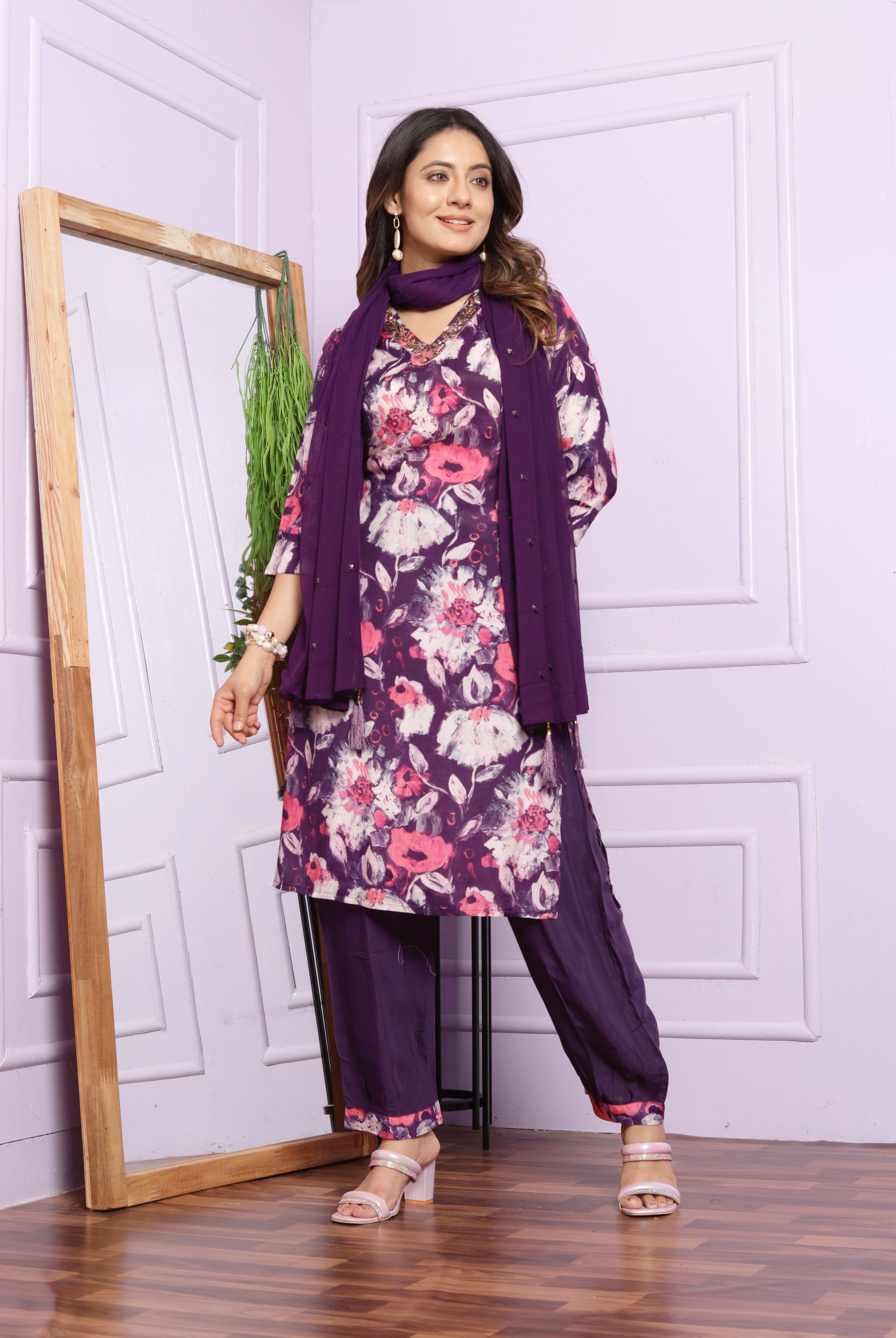 Violet Printed Muslin Hand Work Suit set