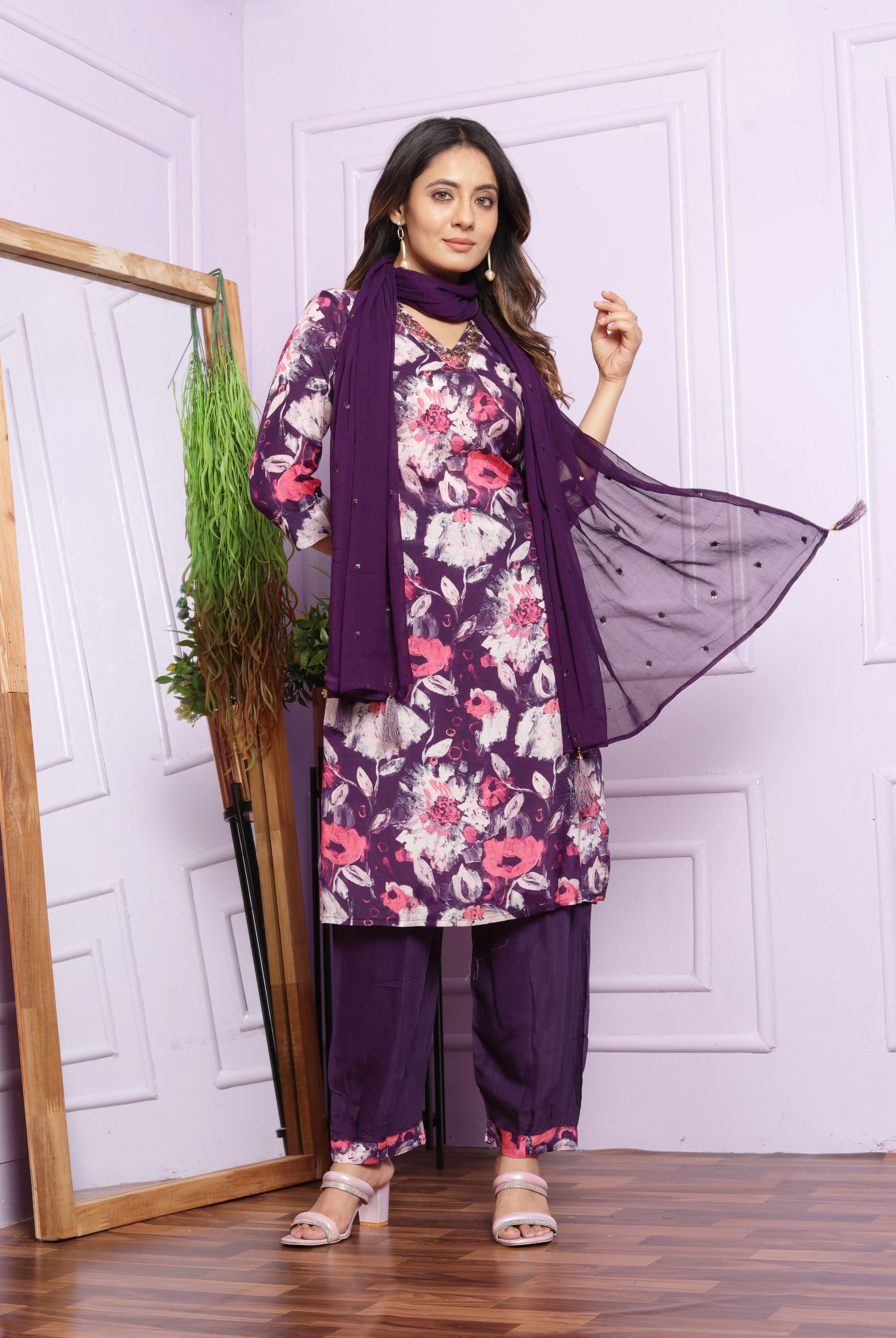 Violet Printed Muslin Hand Work Suit set