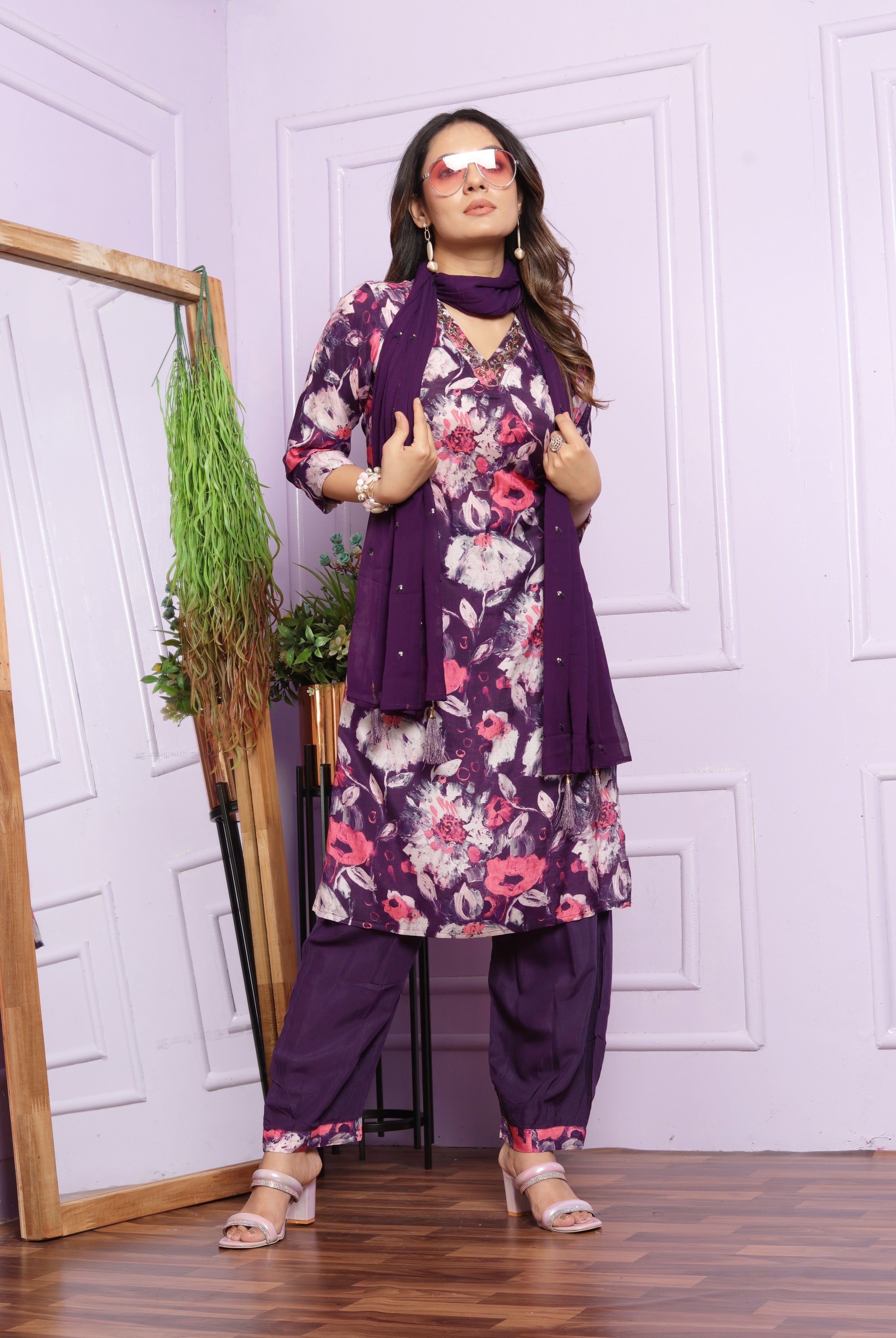 Violet Printed Muslin Hand Work Suit set