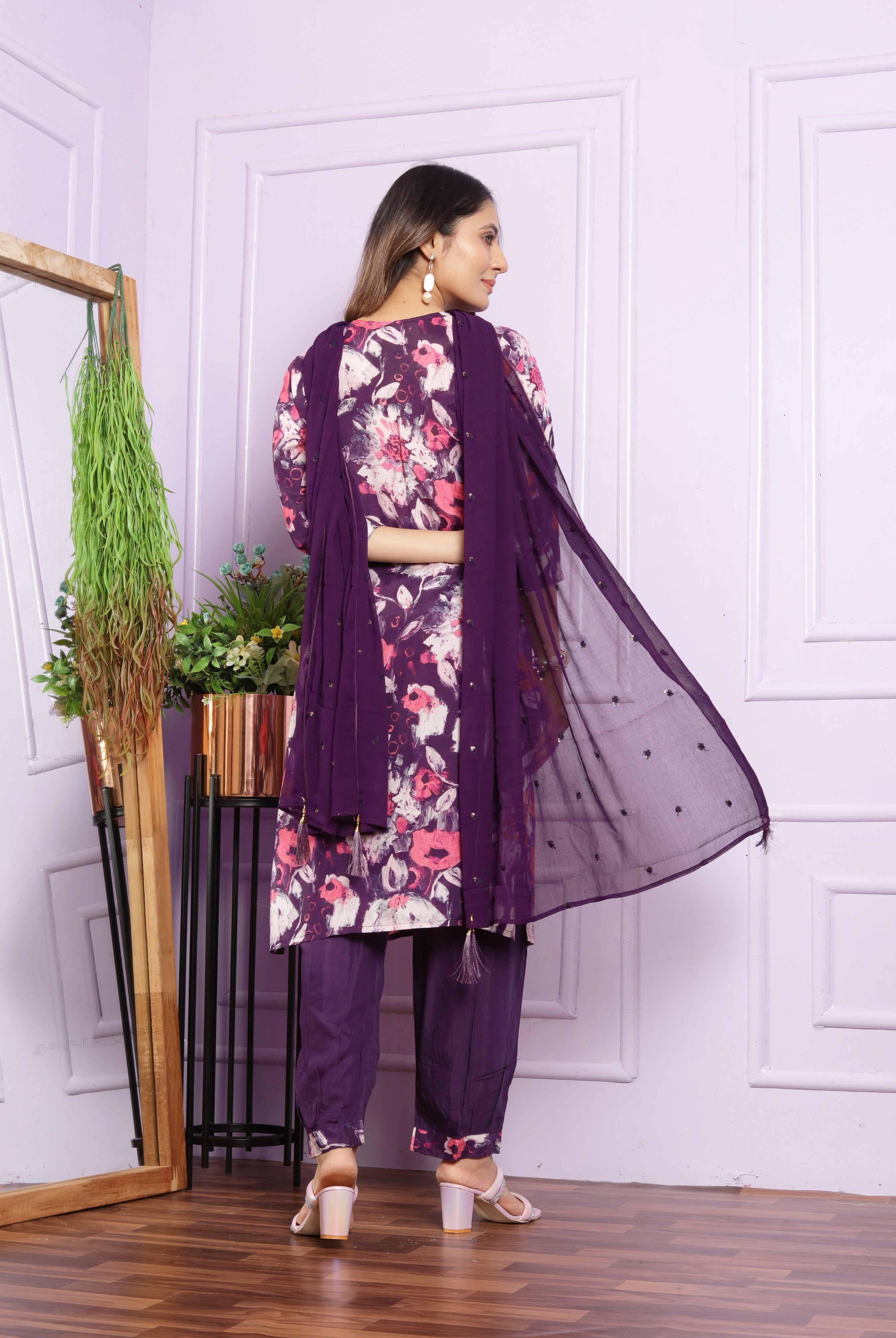 Violet Printed Muslin Hand Work Suit set