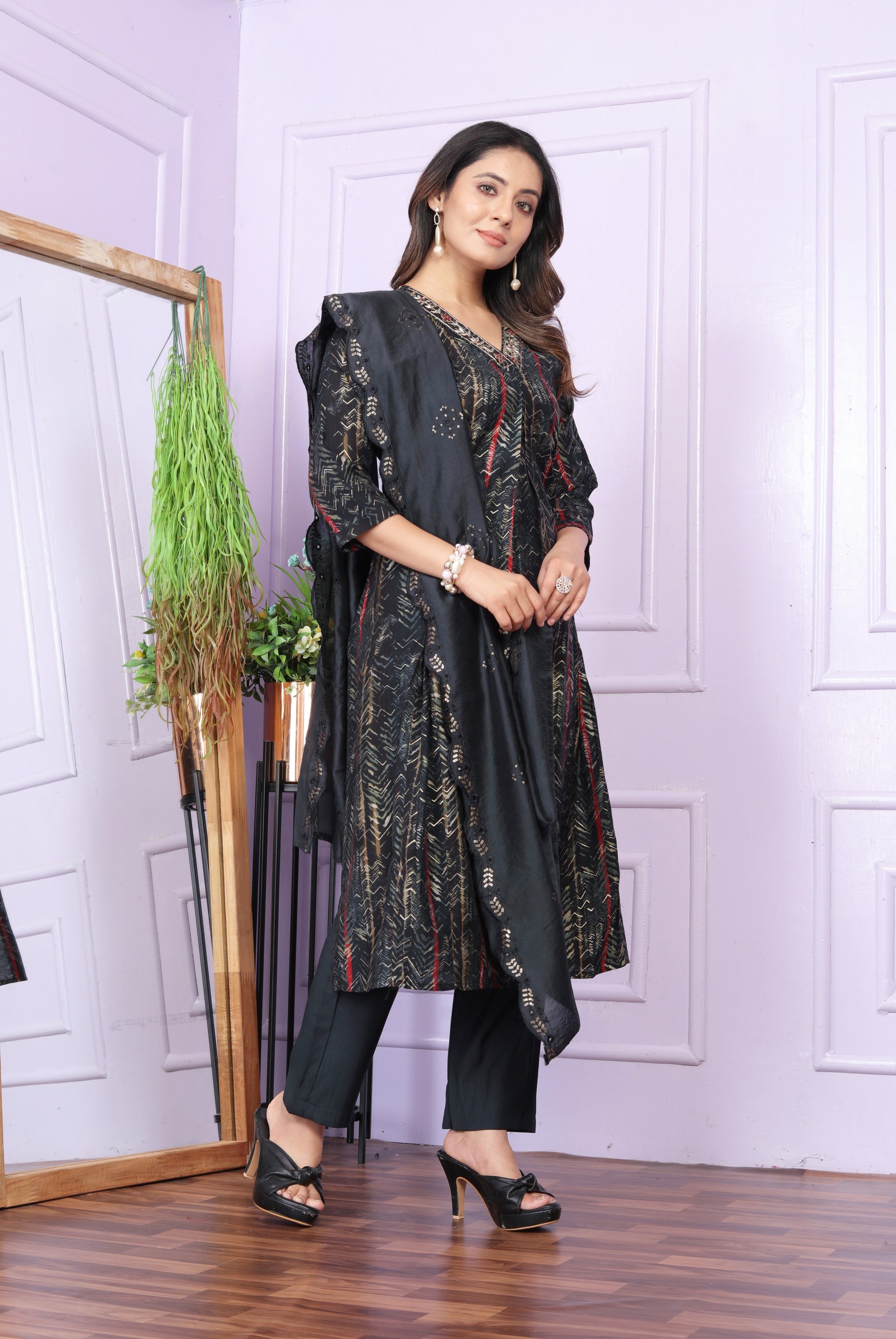 Black Printed Silk Hand Work Suit Set