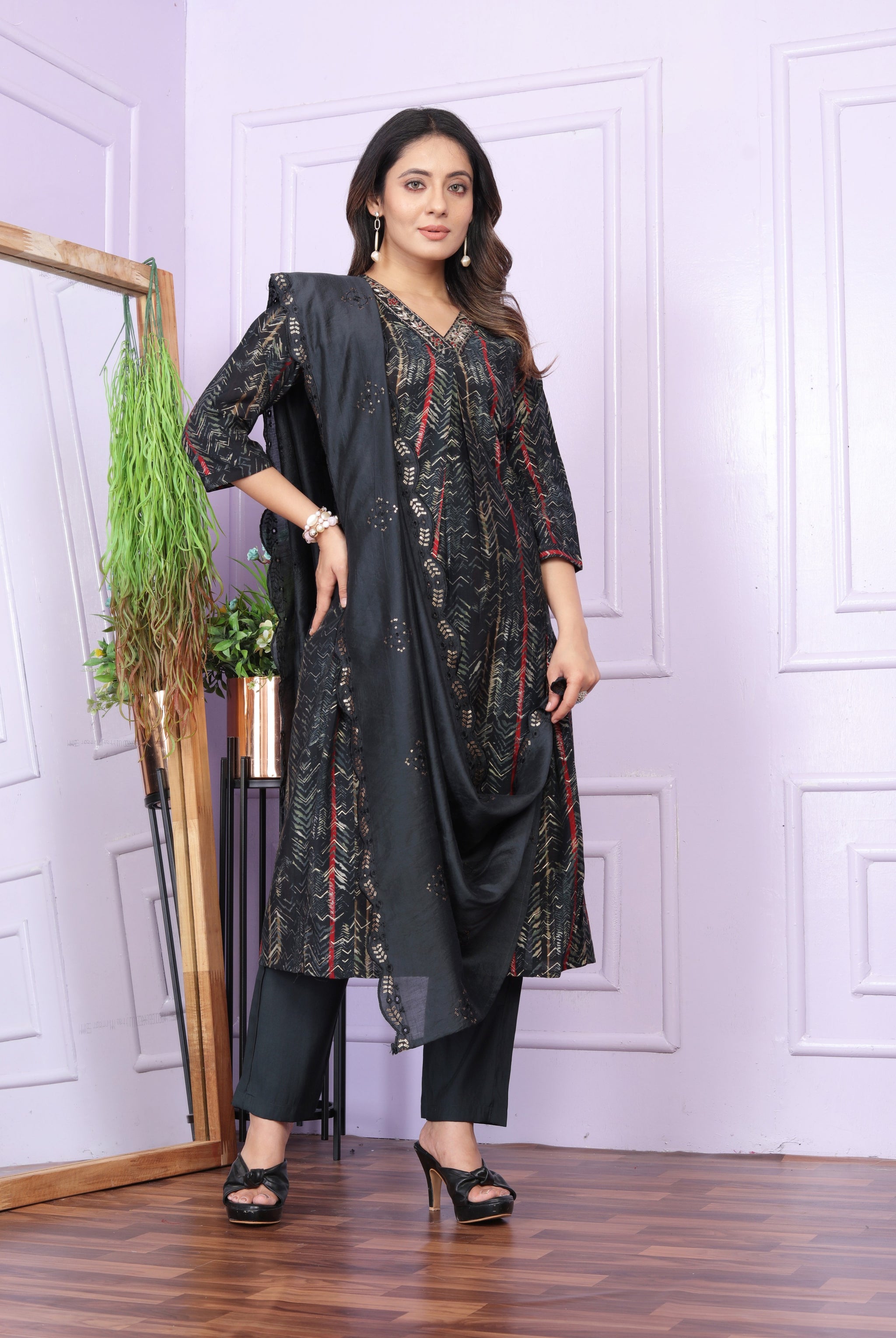 Black Printed Silk Hand Work Suit Set