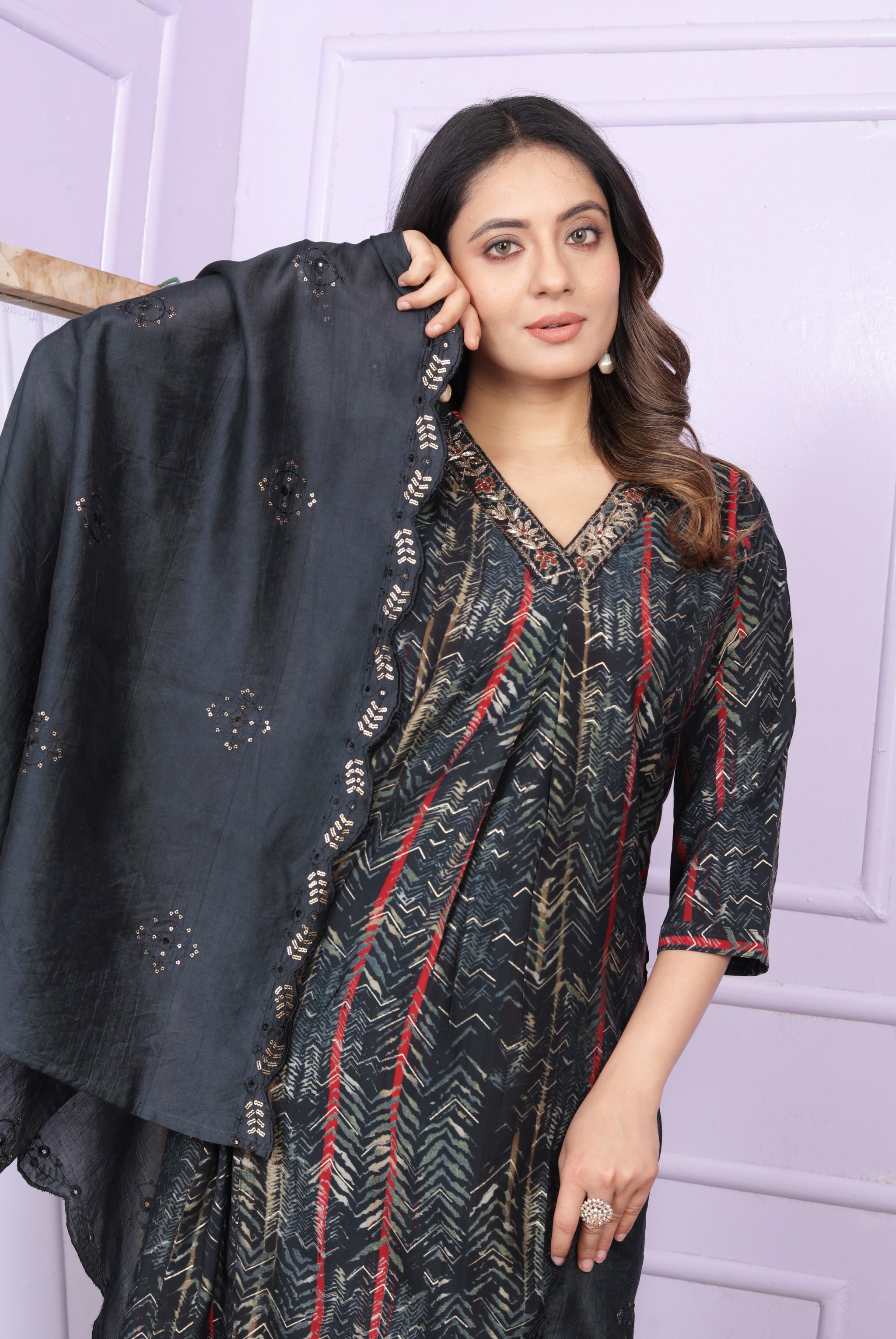 Black Printed Silk Hand Work Suit Set