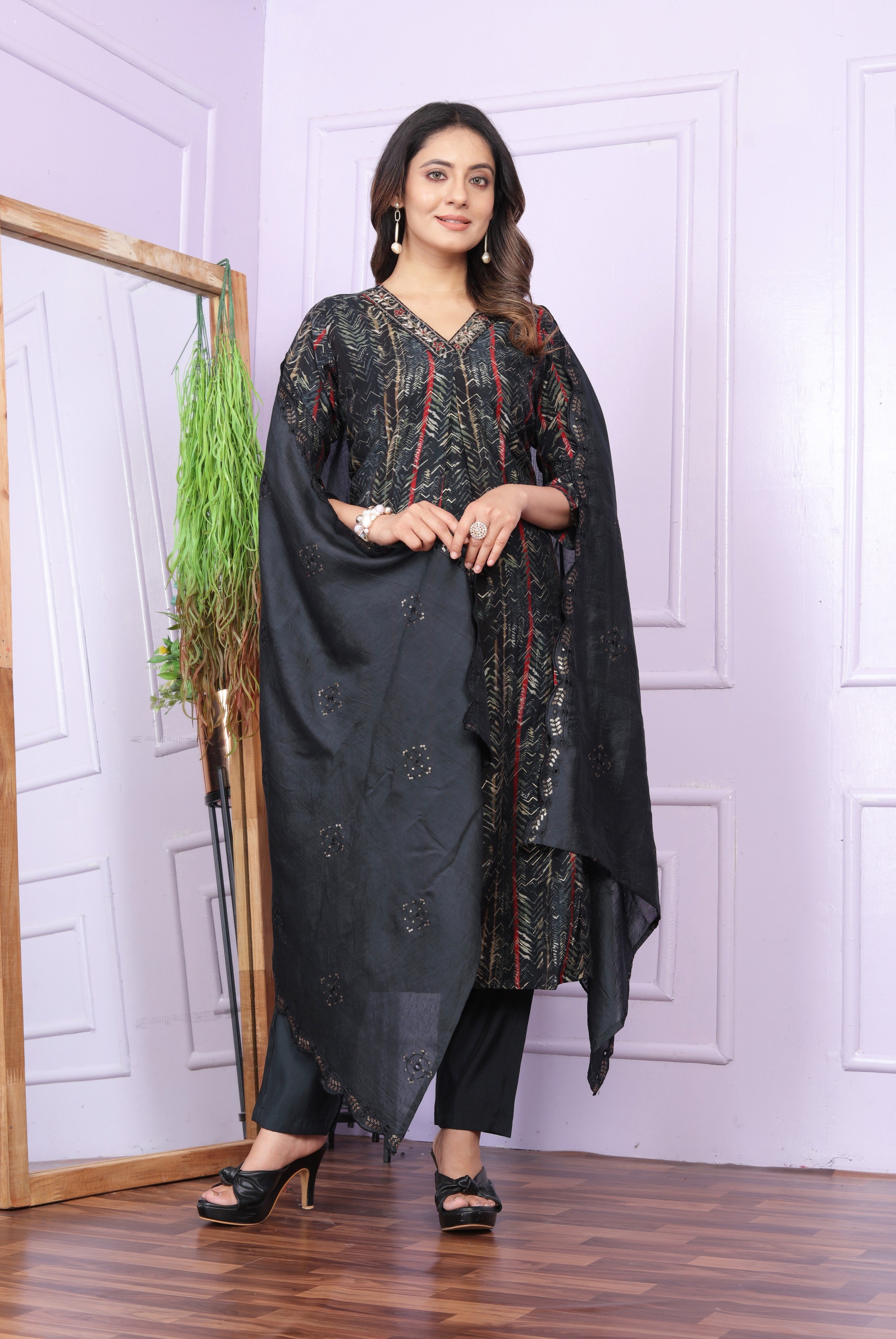 Black Printed Silk Hand Work Suit Set