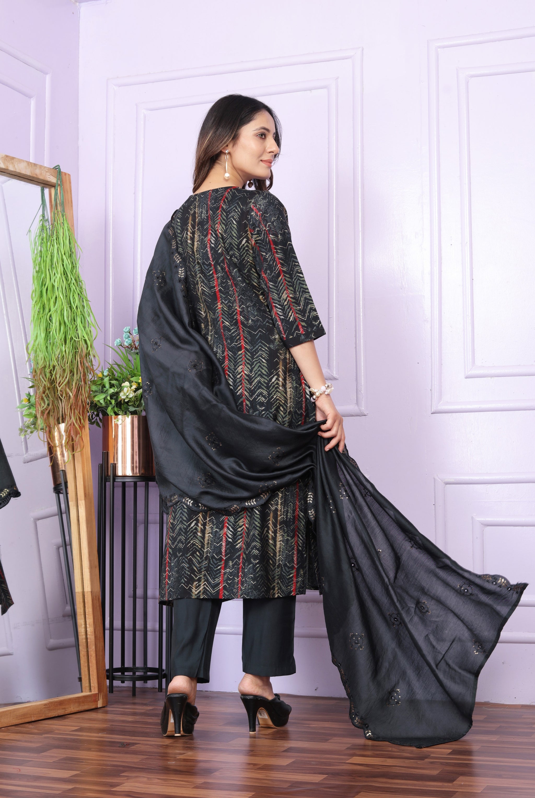 Black Printed Silk Hand Work Suit Set