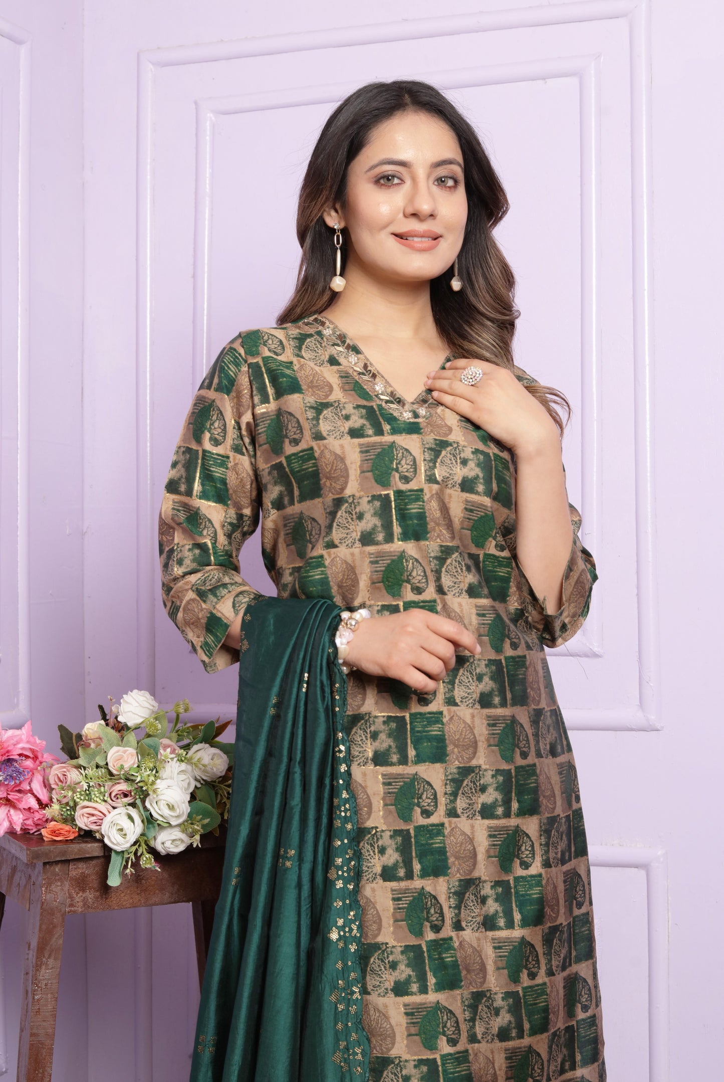 Green Printed Straight Silk Hand Work Suit Set