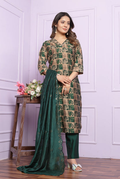 Green Printed Straight Silk Hand Work Suit Set