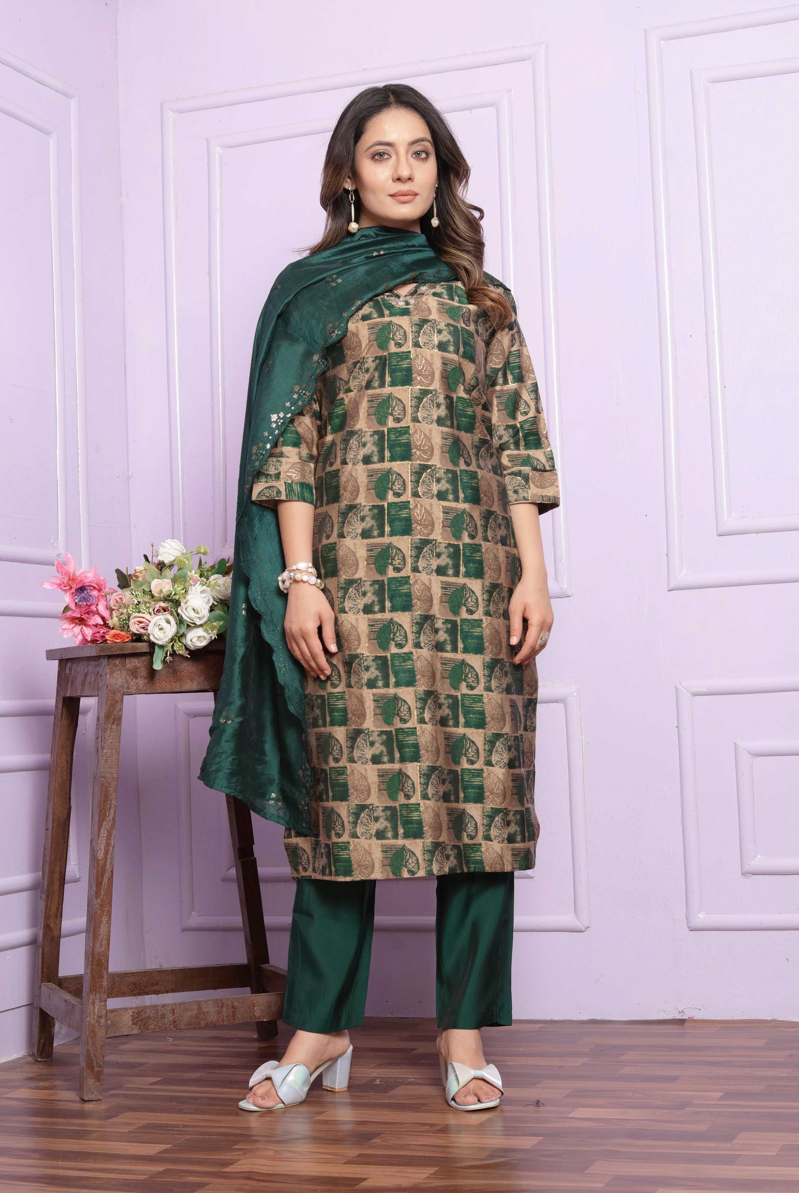 Green Printed Straight Silk Hand Work Suit Set