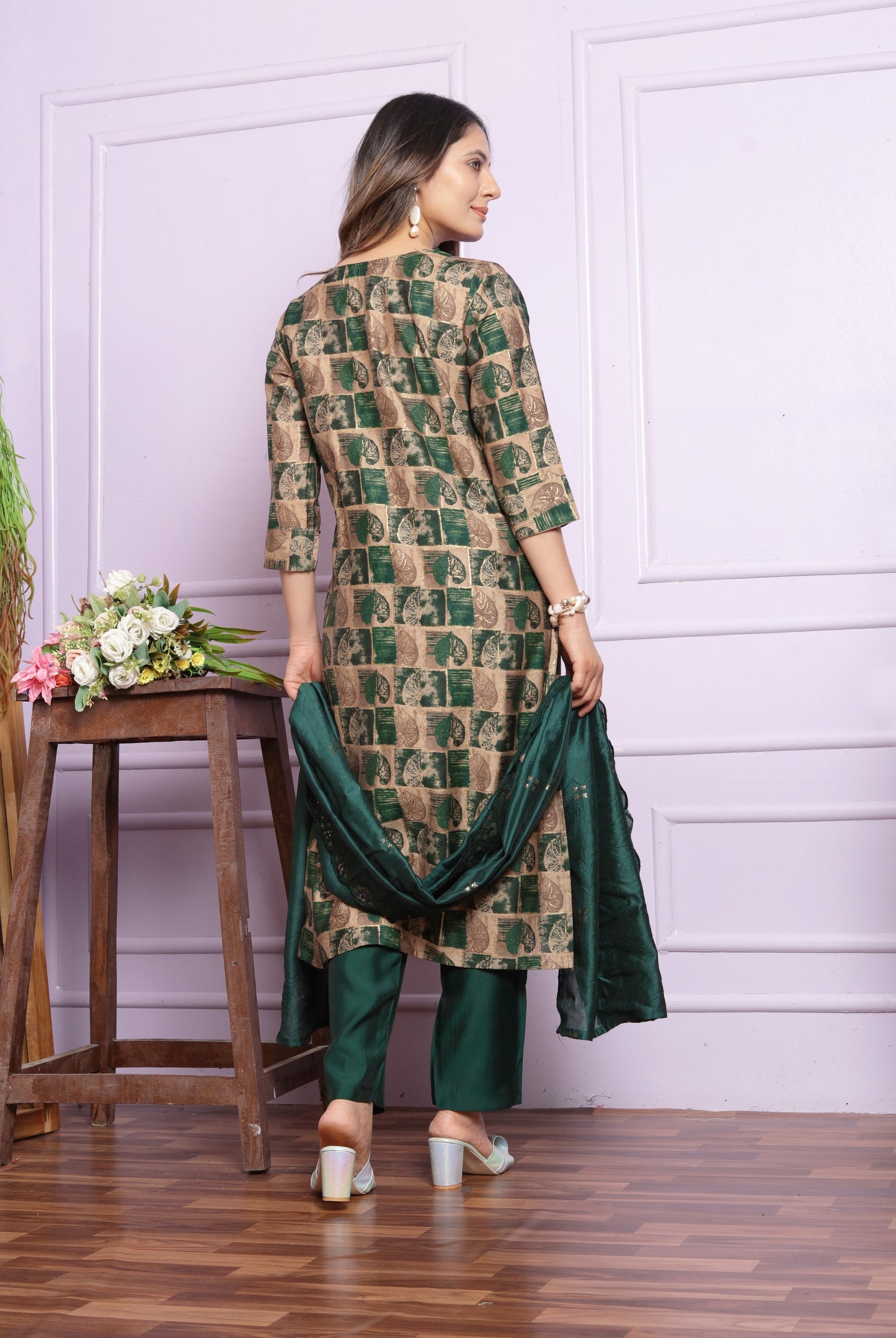 Green Printed Straight Silk Hand Work Suit Set