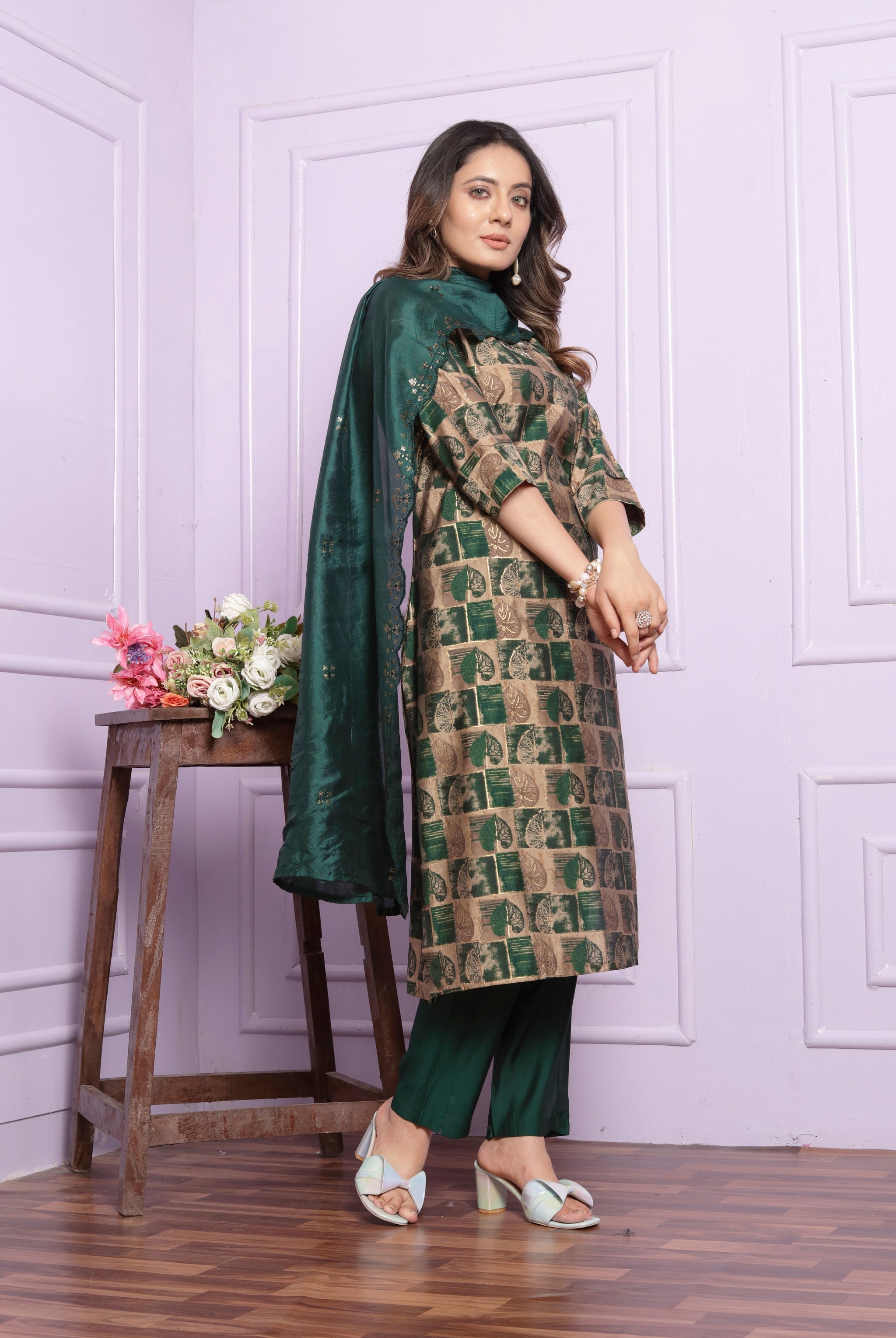 Green Printed Straight Silk Hand Work Suit Set