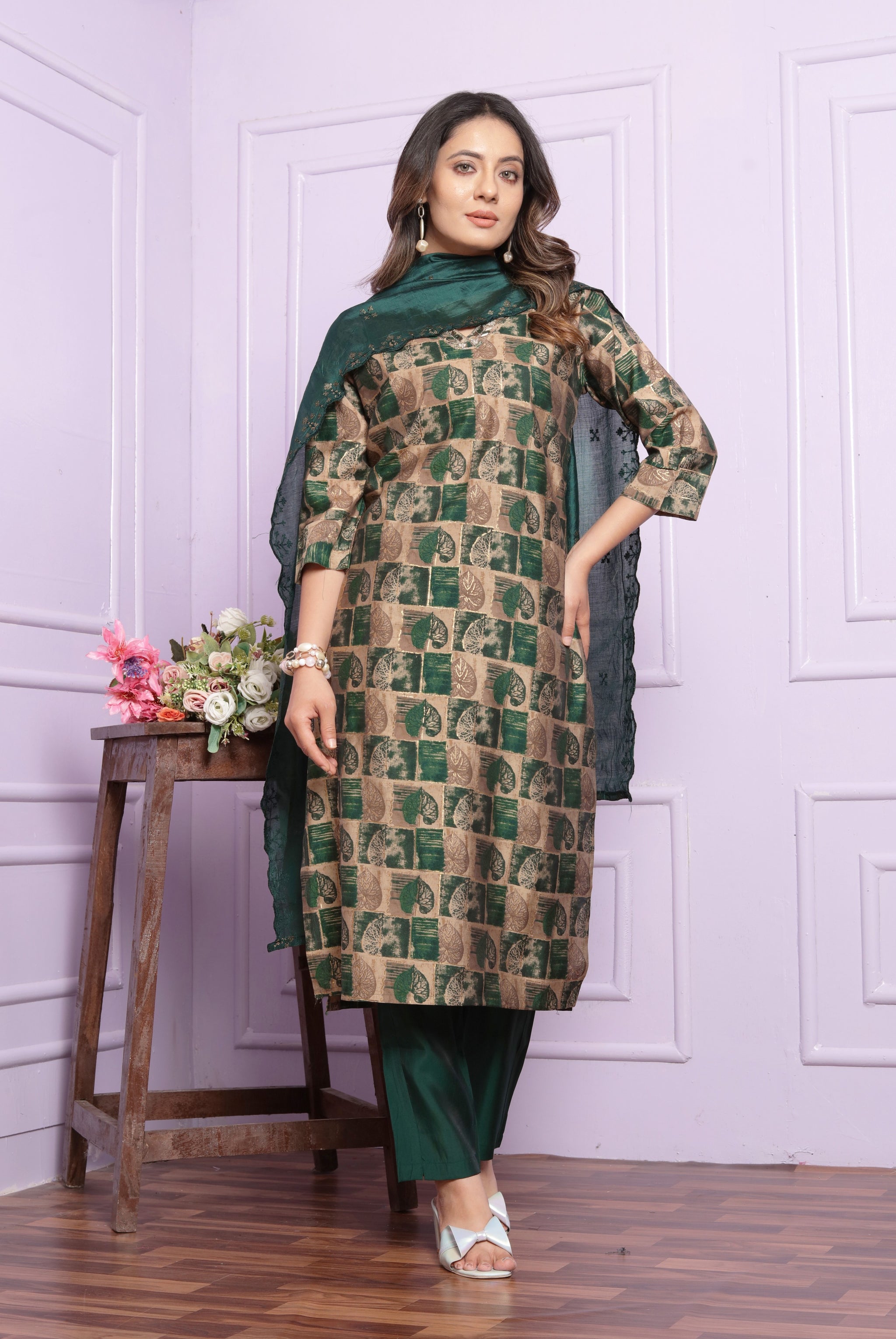 Green Printed Straight Silk Hand Work Suit Set