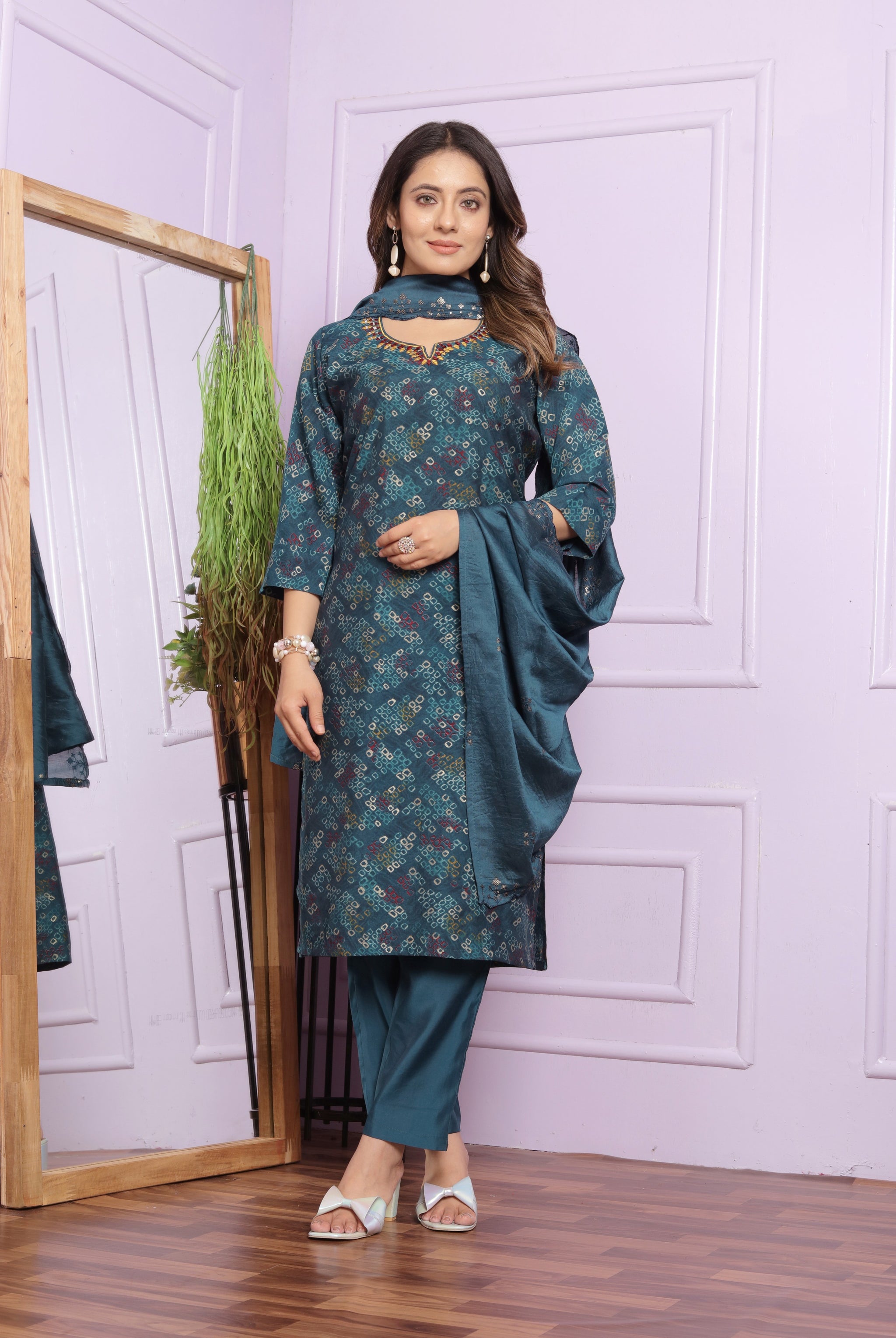 Dark Green Printed Straight Silk Hand Work Suit Set