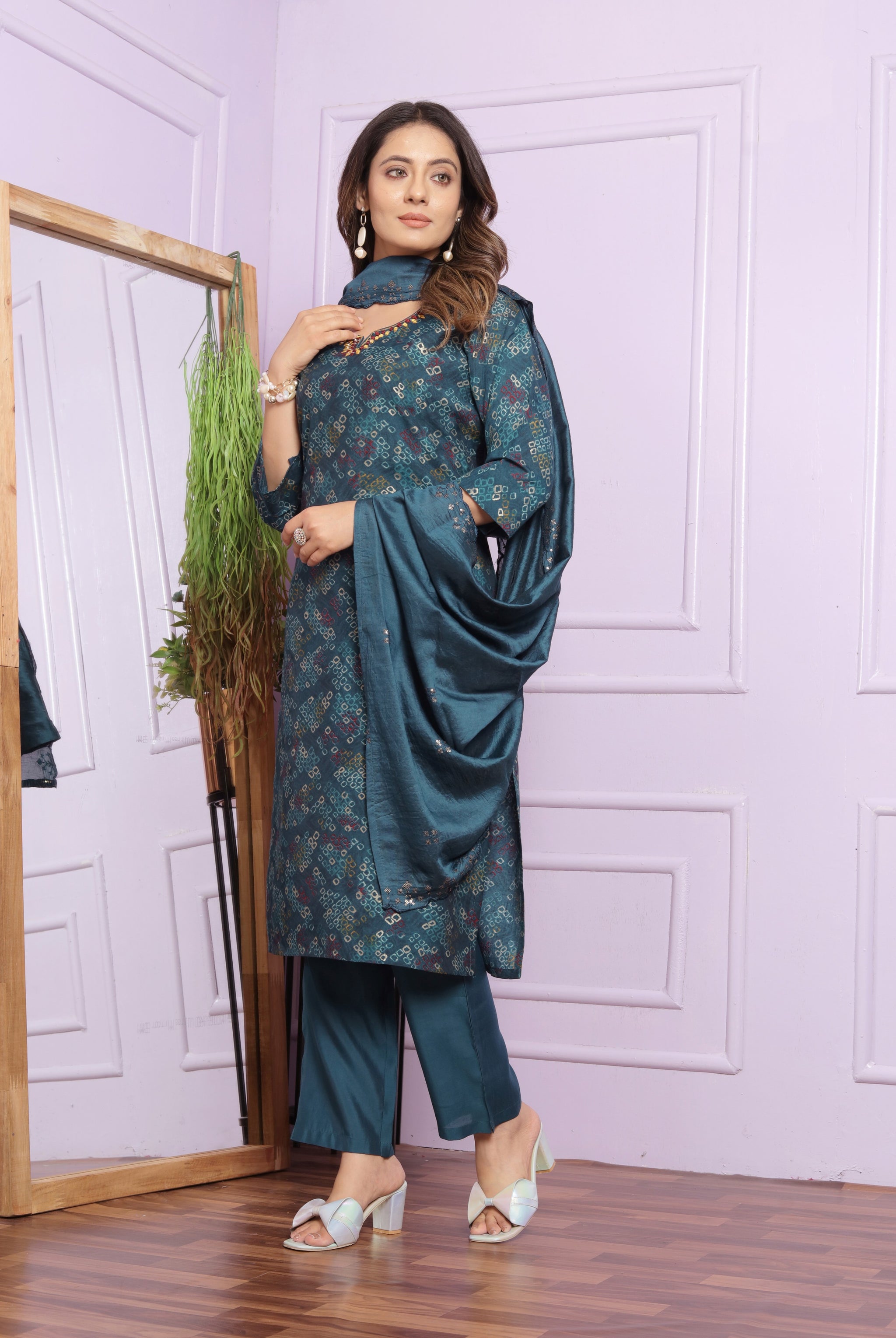 Dark Green Printed Straight Silk Hand Work Suit Set