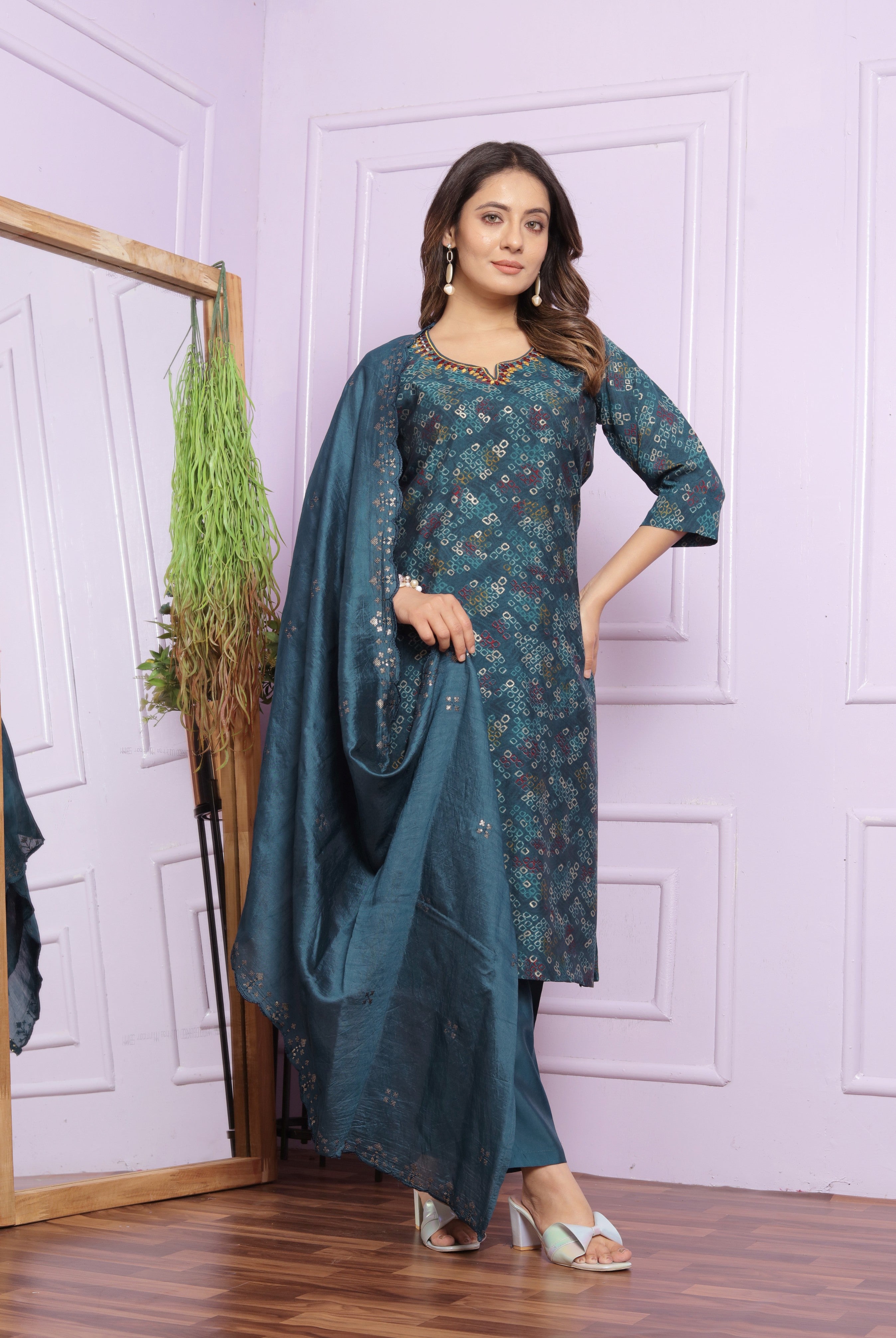 Dark Green Printed Straight Silk Hand Work Suit Set