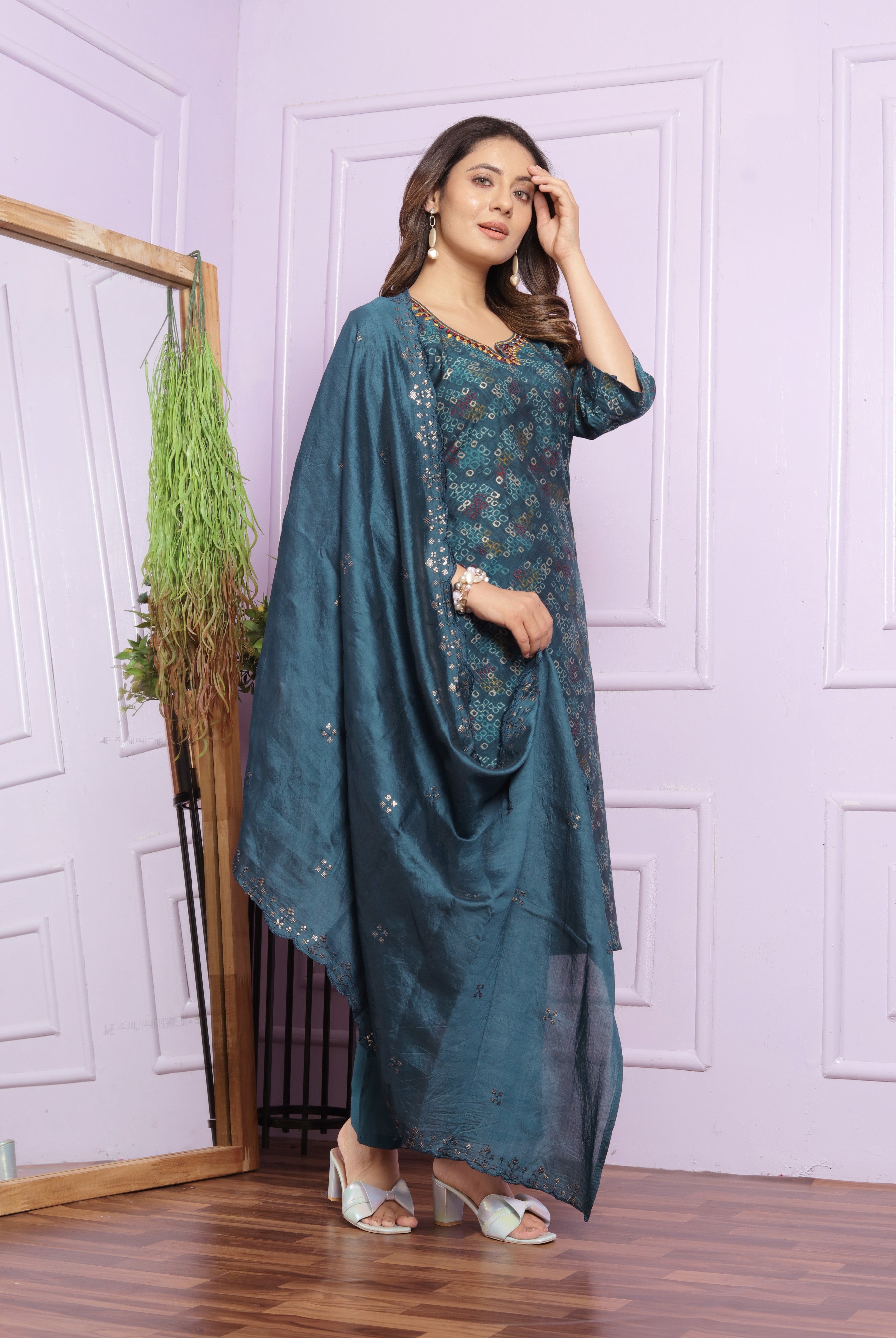 Dark Green Printed Straight Silk Hand Work Suit Set