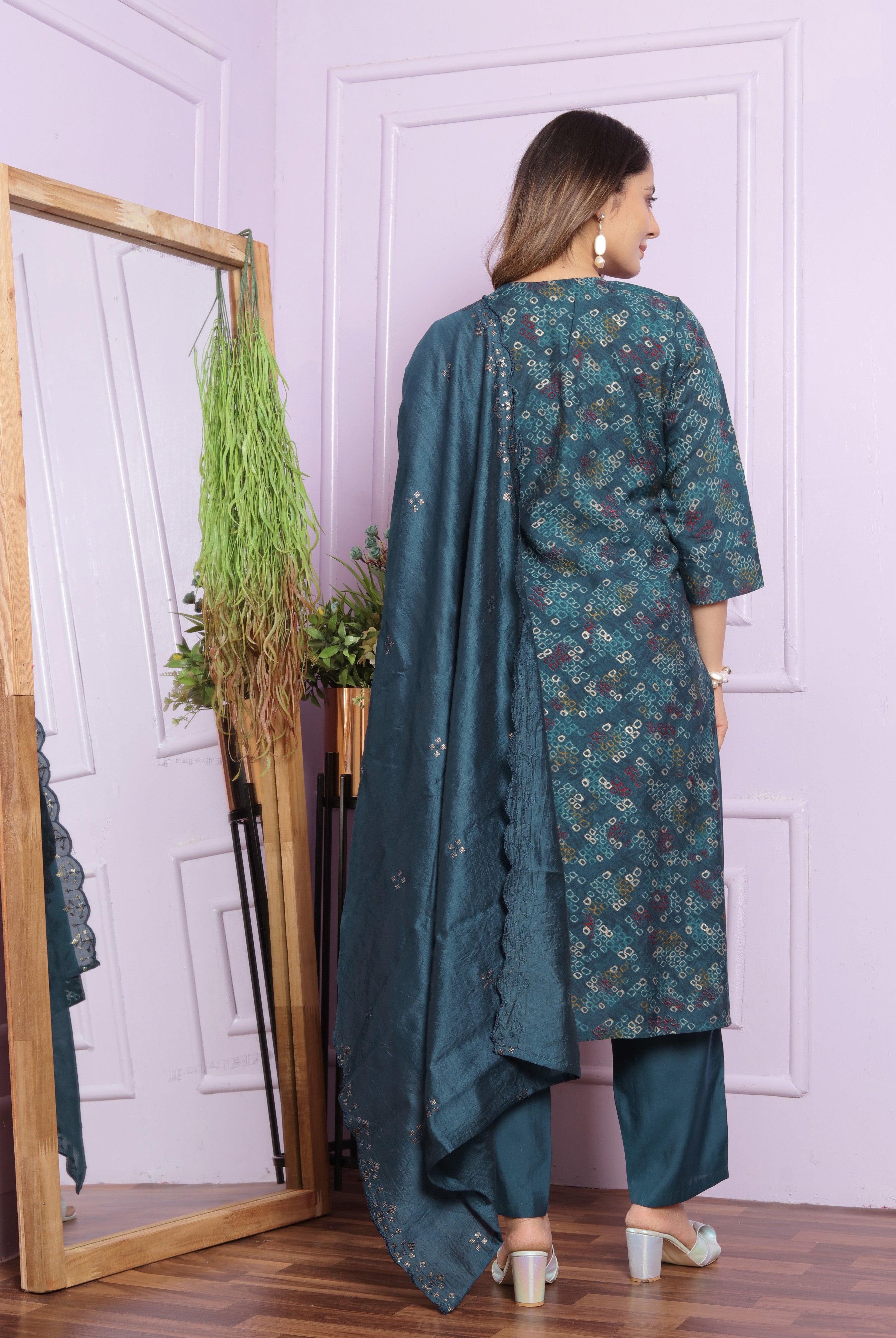 Dark Green Printed Straight Silk Hand Work Suit Set