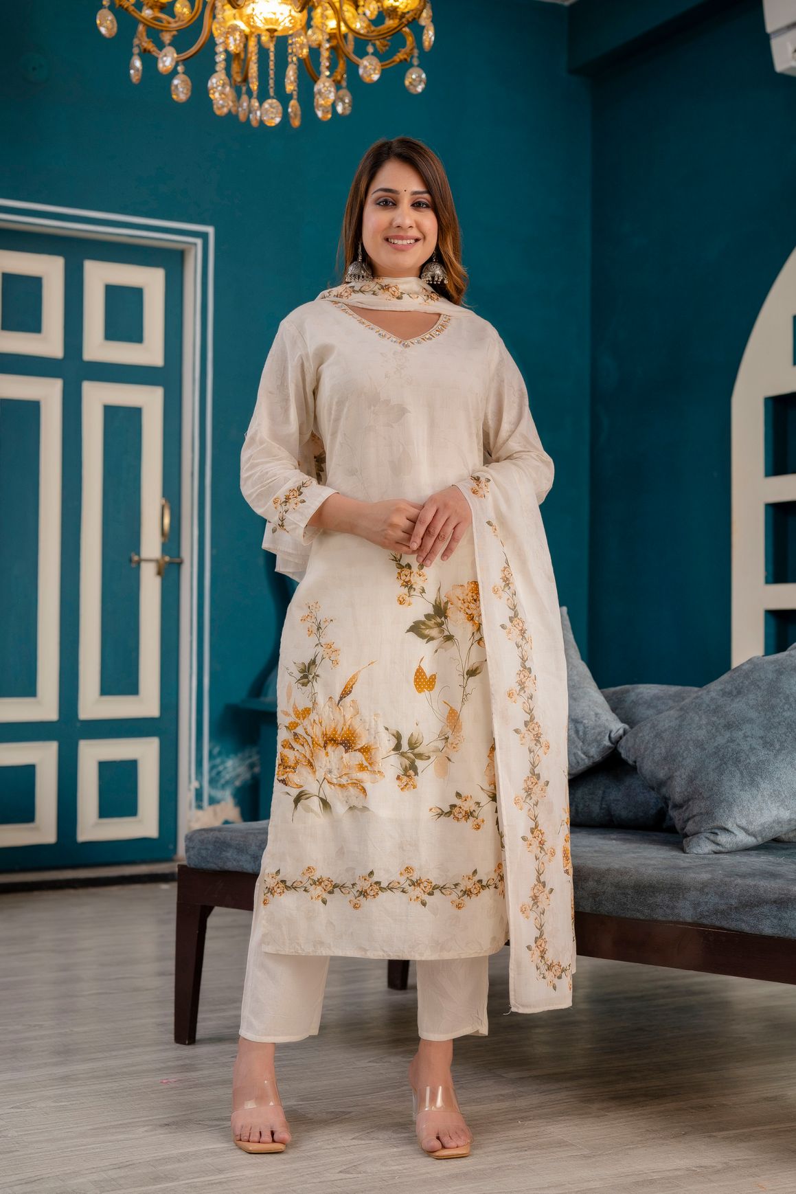Cream Printed Straight Hand Work Cotton Suit Set