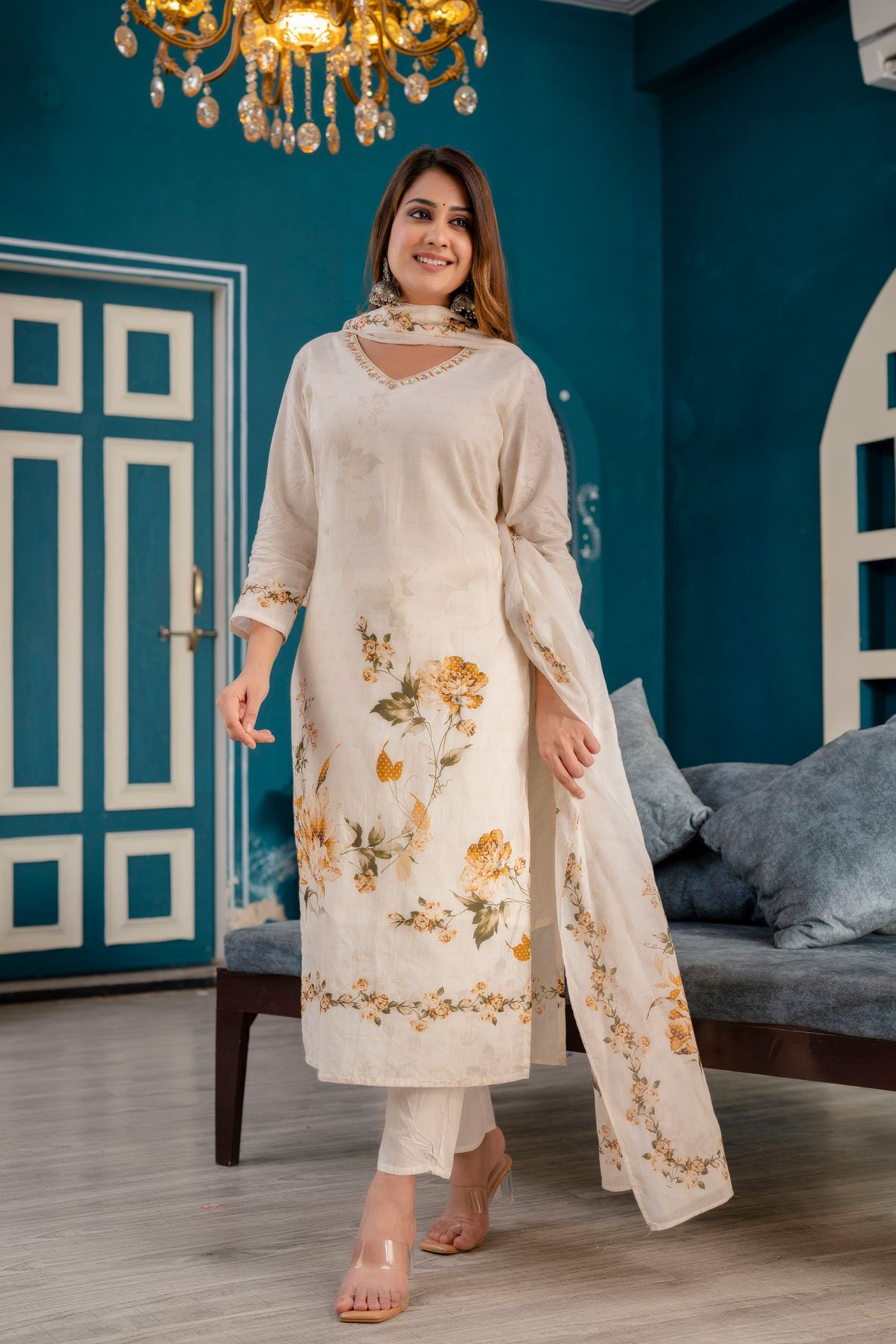 Cream Printed Straight Hand Work Cotton Suit Set