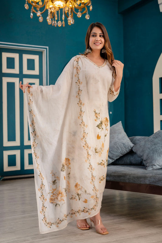 Cream Printed Straight Hand Work Cotton Suit Set