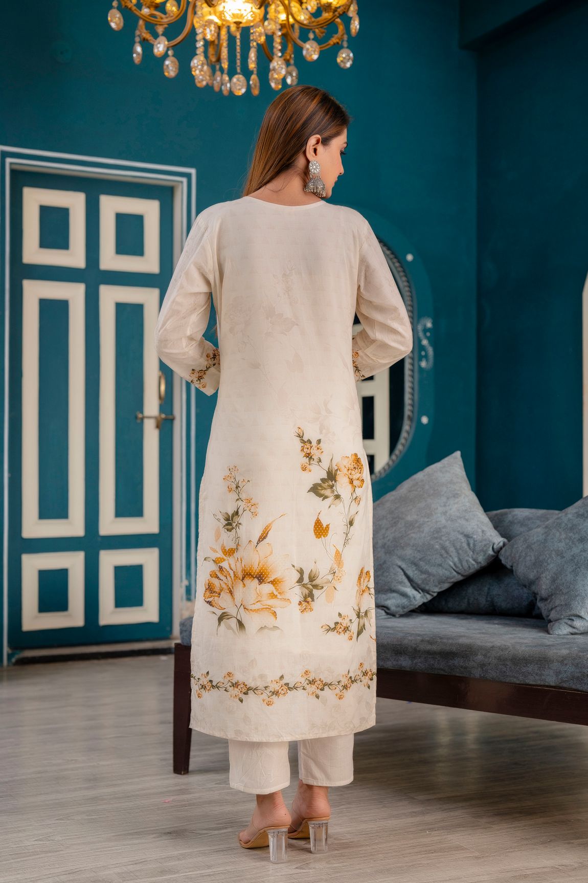 Cream Printed Straight Hand Work Cotton Suit Set