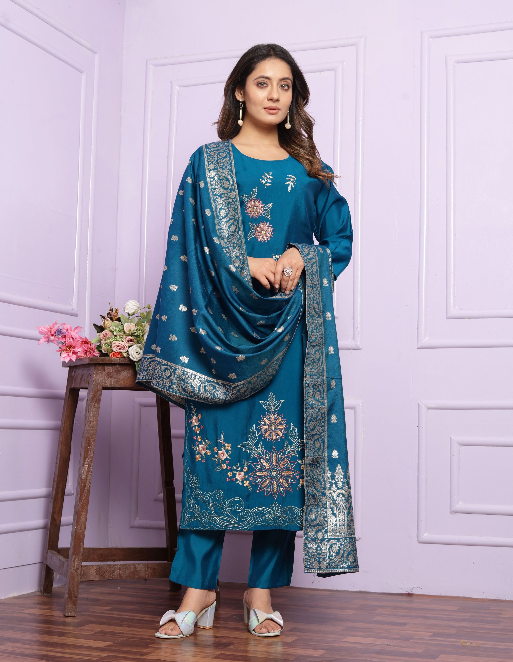 Blue Straight Hand Work Silk Suit Set