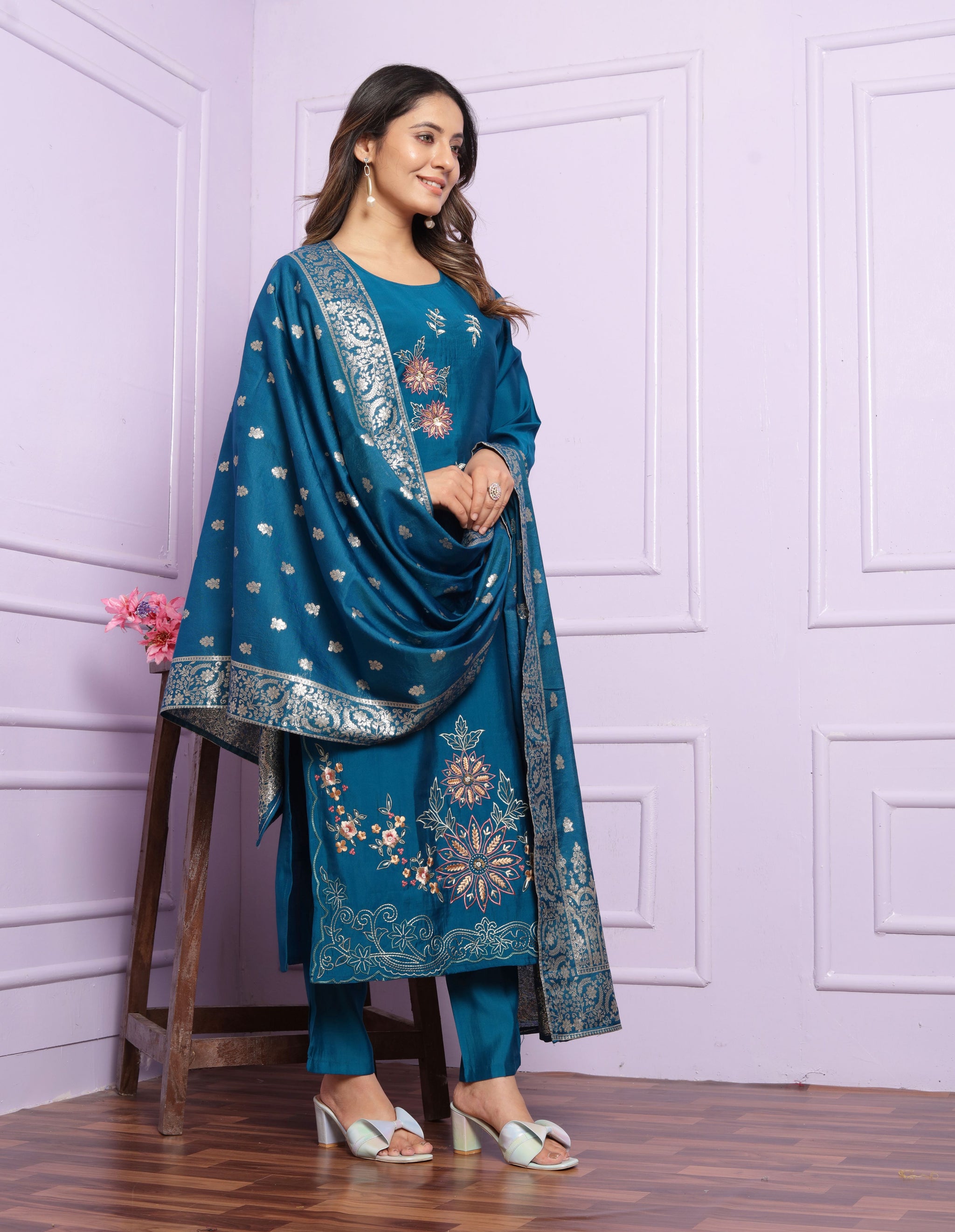 Blue Straight Hand Work Silk Suit Set