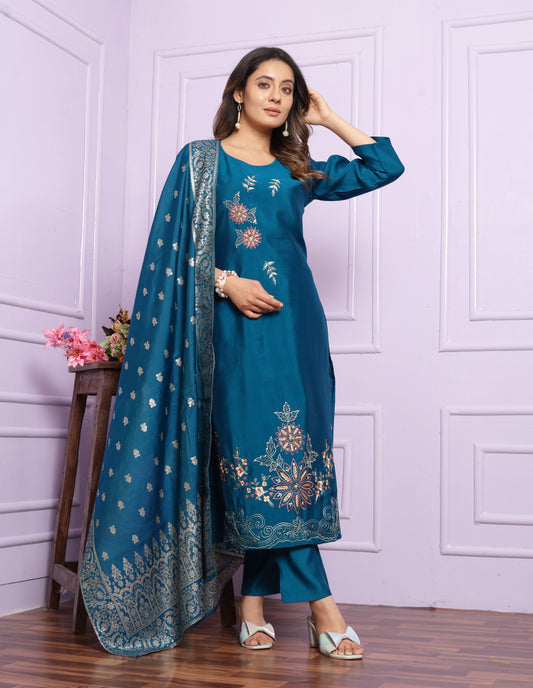Blue Straight Hand Work Silk Suit Set