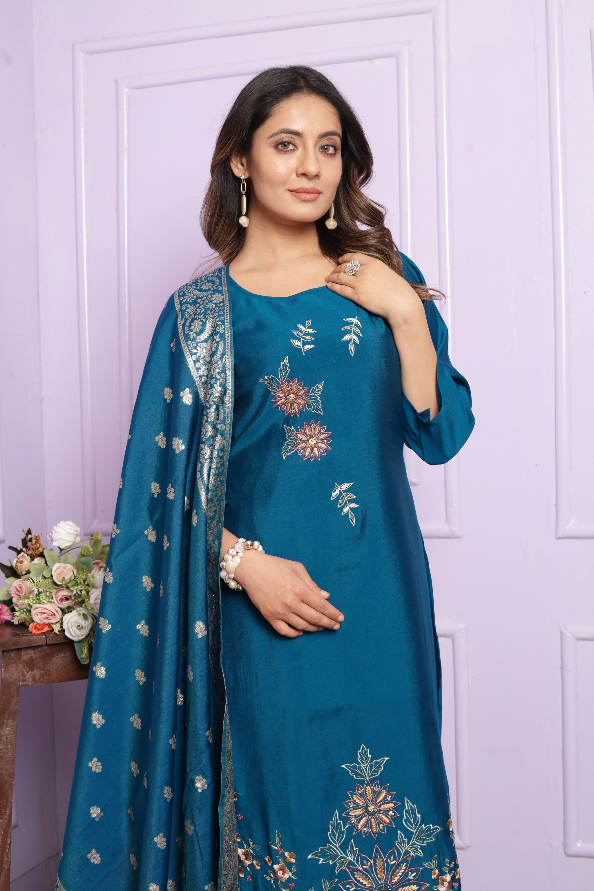 Blue Straight Hand Work Silk Suit Set