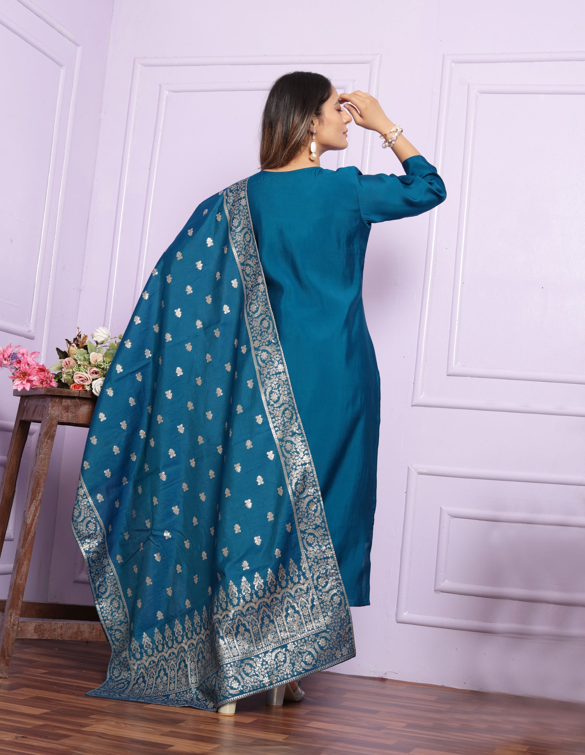 Blue Straight Hand Work Silk Suit Set